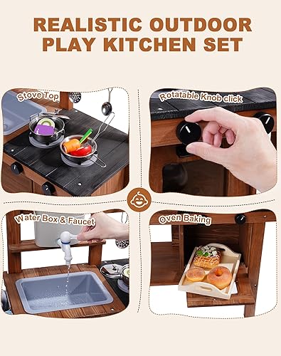 Miniatura 6 de ROBUD Cocina de barro para niños al aire libre con ruedas, cocina de madera al aire libre, cocina de barro para niños con fregadero y grifo