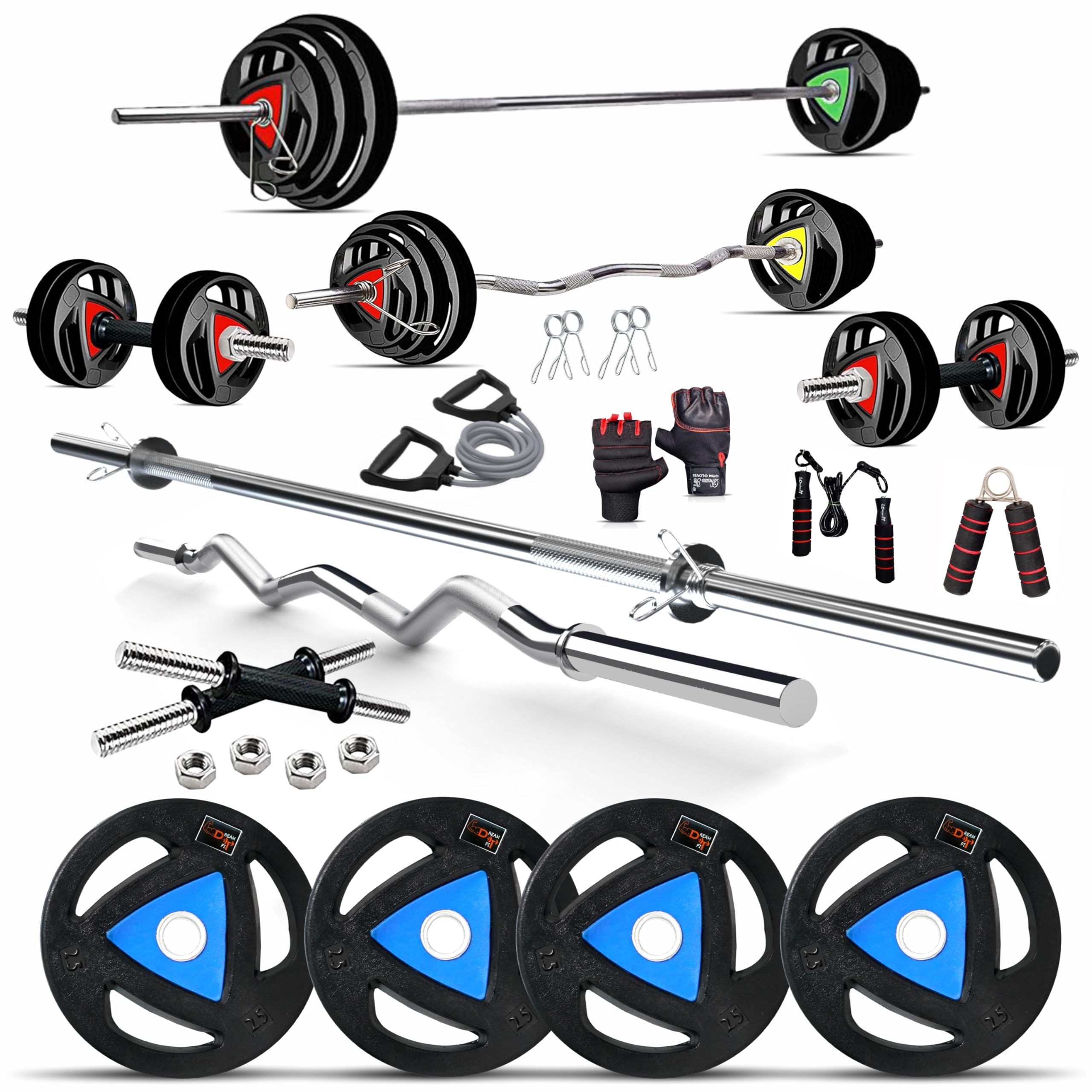 DREAM FIT Rubber Coated Metal Integrated Weight Plates 10Kg Professional Home Gym Combo with 23mm 3ft curl rod, 23mm 5ft straight rod, 1 pair dumbbell rods with steel nuts and gym accessories (10kg set)-image-32