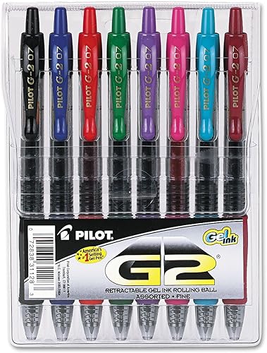 Pilot - Bolígrafos en gel G2, con punta rodante, recargables y retráctiles de alta calidad, punta fina, tintas de colores surtidos, paquete de 8