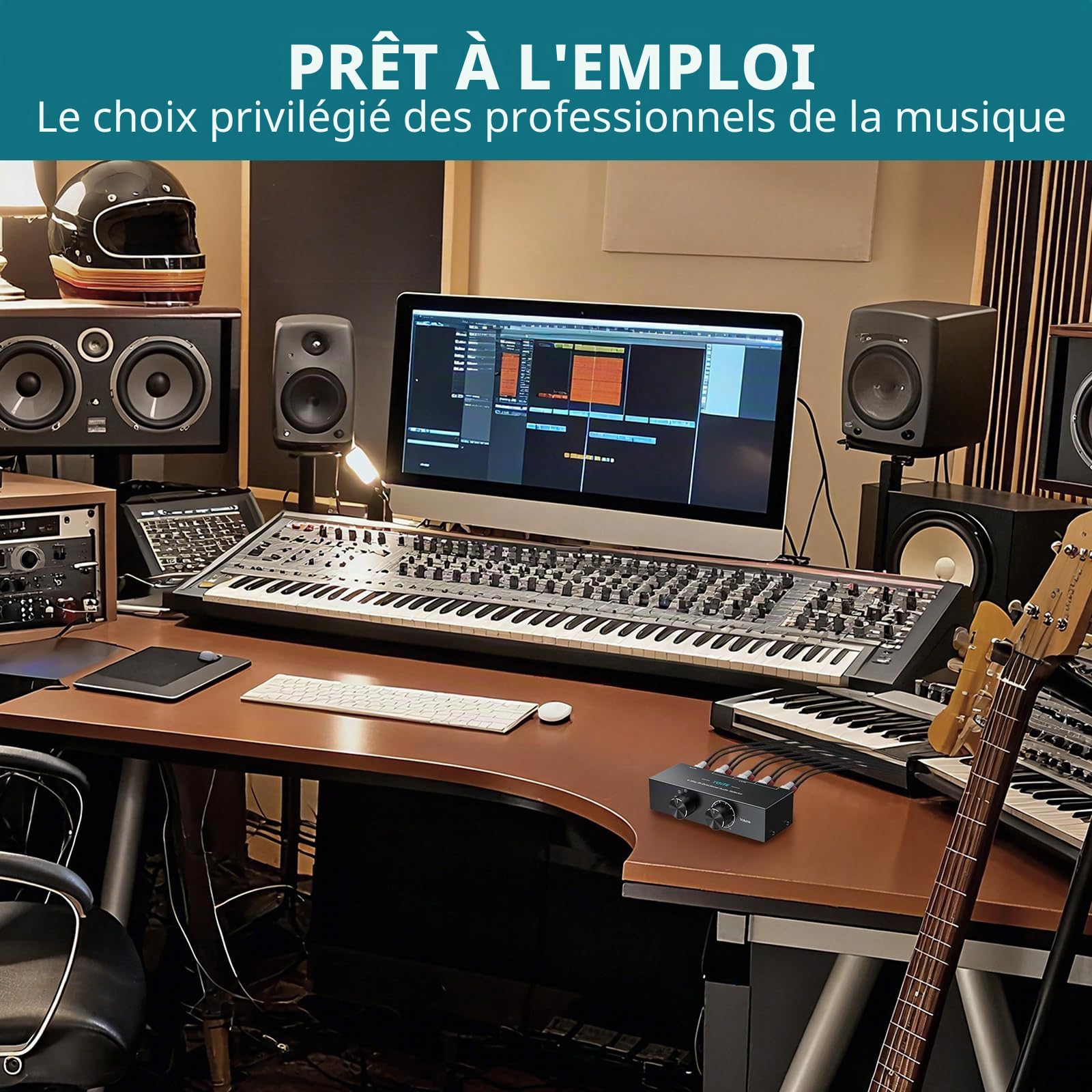 Commutateur Audio Bi-Directionnel 3.5mm & RCA, 1x4 / 4x1 Sélecteur Audio avec Bouton Off et Contrôle du Volume, Convertisseur Audio Passif pour Haut-Parleurs, Casques, Amplificateurs