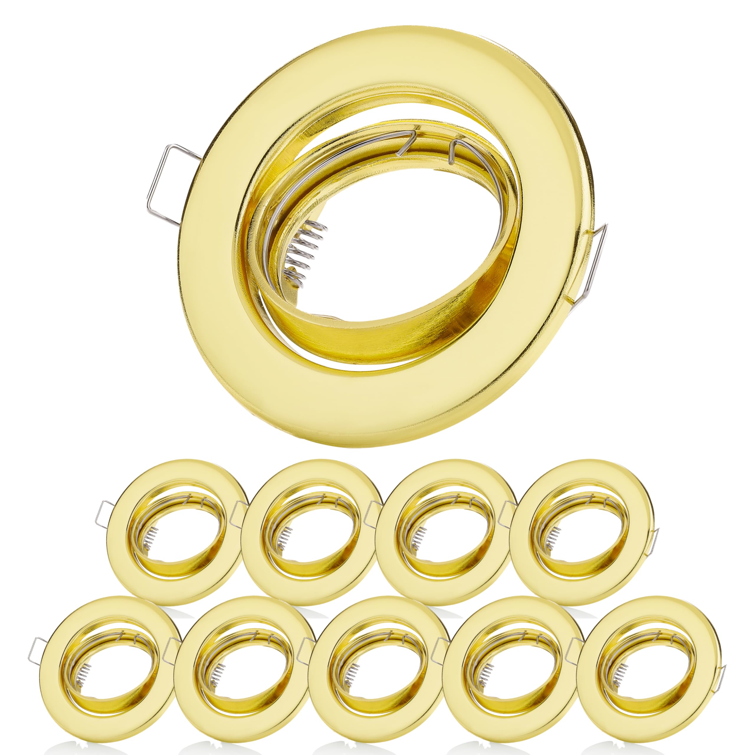 Sweet Led Einbaustrahler GU10 aus Metall – 10er Set - Einbaurahmen goldfarben 230V Einbauleuchten inkl. GU 10 Fassungen – Deckenspot schwenkbar – Einbauspots für LED oder Halogen – Spot rund