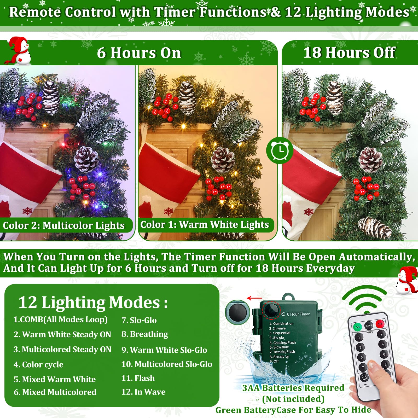 Télécommande et 12 modes - Guirlande de Noël super longue de 5,5 m en pin canyon prééclairée pour escaliers, porche, extérieur et intérieur - 100 lumières blanches chaudes et interrupteur de couleur