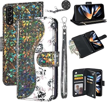 حافظة محفظة زهور لهاتف Samsung Galaxy Z Fold 3 5G 2021 مع حزام المعصم وحزام الكتف وحامل بطاقة سحاب الوجه وسحاب، وغطاء هاتف لامع لـ ZFold3 Z3 Fold3 3Z ZFold35G أسود