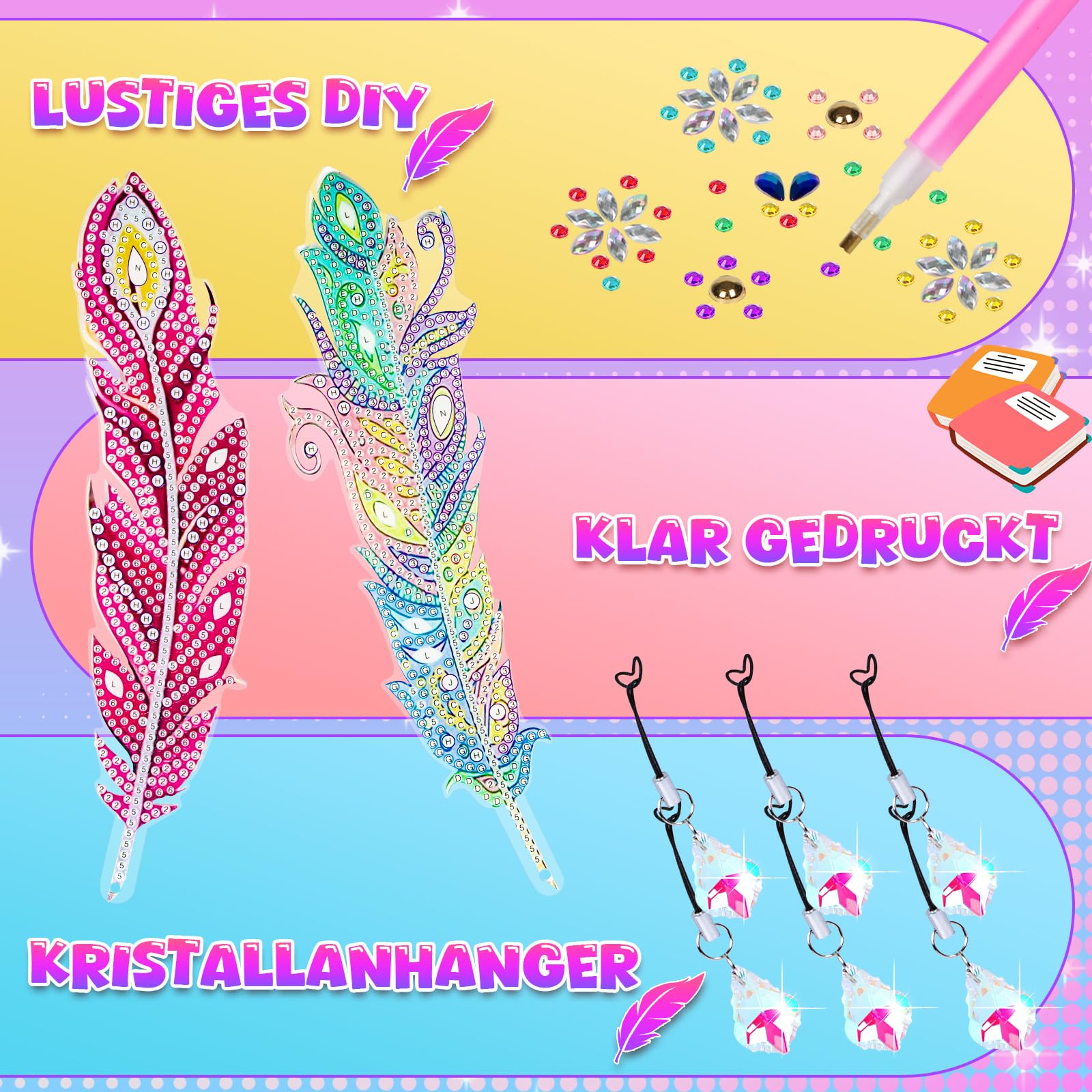 Diamant Malerei Lesezeichen Set Für Kinder Ab 6 Jahren – 6 Motive Inkl. Kristallanhänger & Zubehör – Kreatives Bastelset Für Mädchen & Jungen