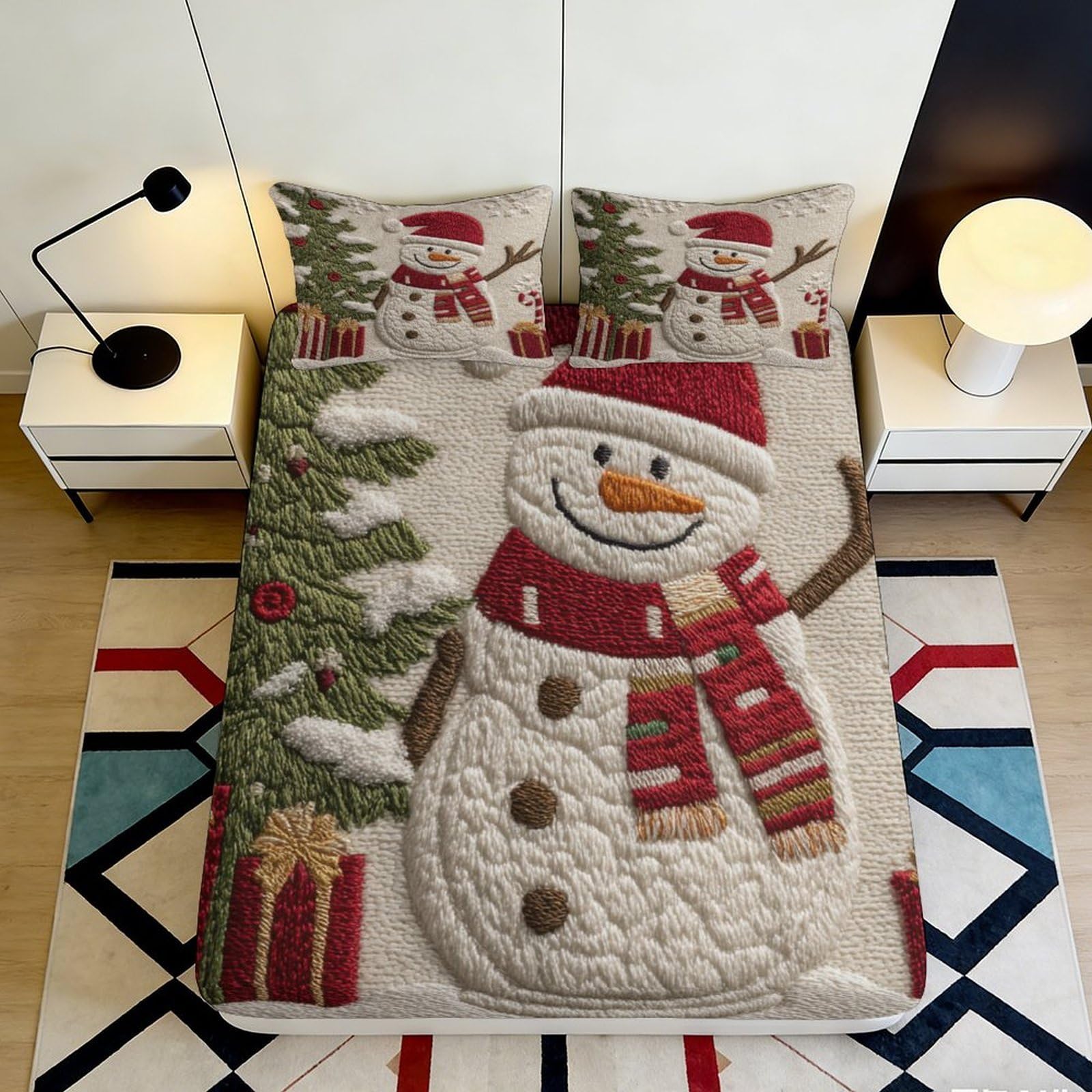 Pnayamiorkfel Style-10 3D Printed Snowman Christmas Tree Fitted Sheet Microfiber Anti-Slip Bed Cover For Bedroom Guest Room Decor 90X200x25cm