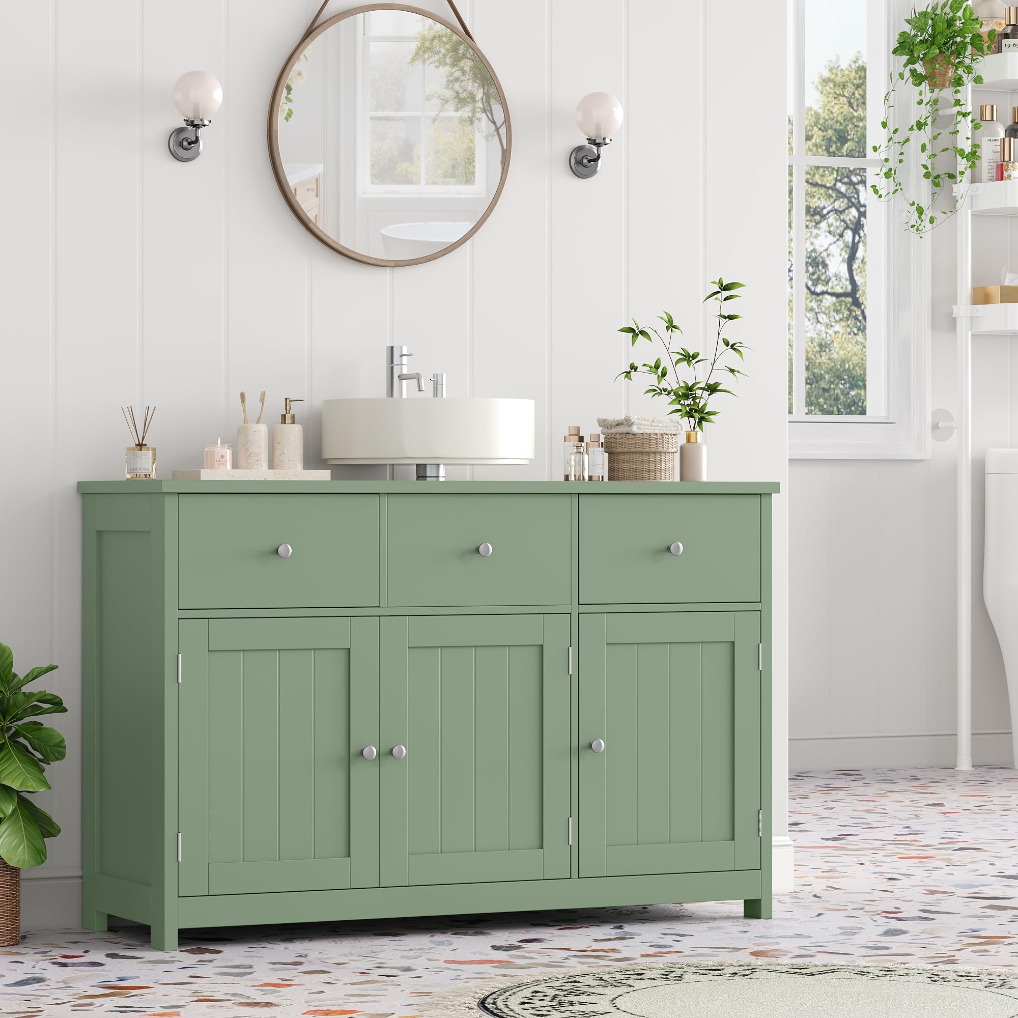 FOREHILL Meuble sous Lavabo 100cm, Meuble de Salle de Bain sous Vasque, Meubles de Salle de Bain Rangement avec 3 Portes 2 Tiroirs sur Pieds 100x30x61cm Vert