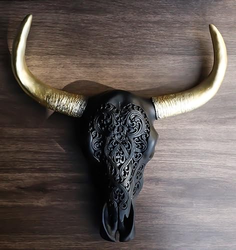 Miniatura 9 de Ebros Gift Black and Gold Tribal Floral Vines Tattoo Tooled Filigrana Steer Bull Cow Skull Head with Horns Wall Mount Decor Artistic Native Animal