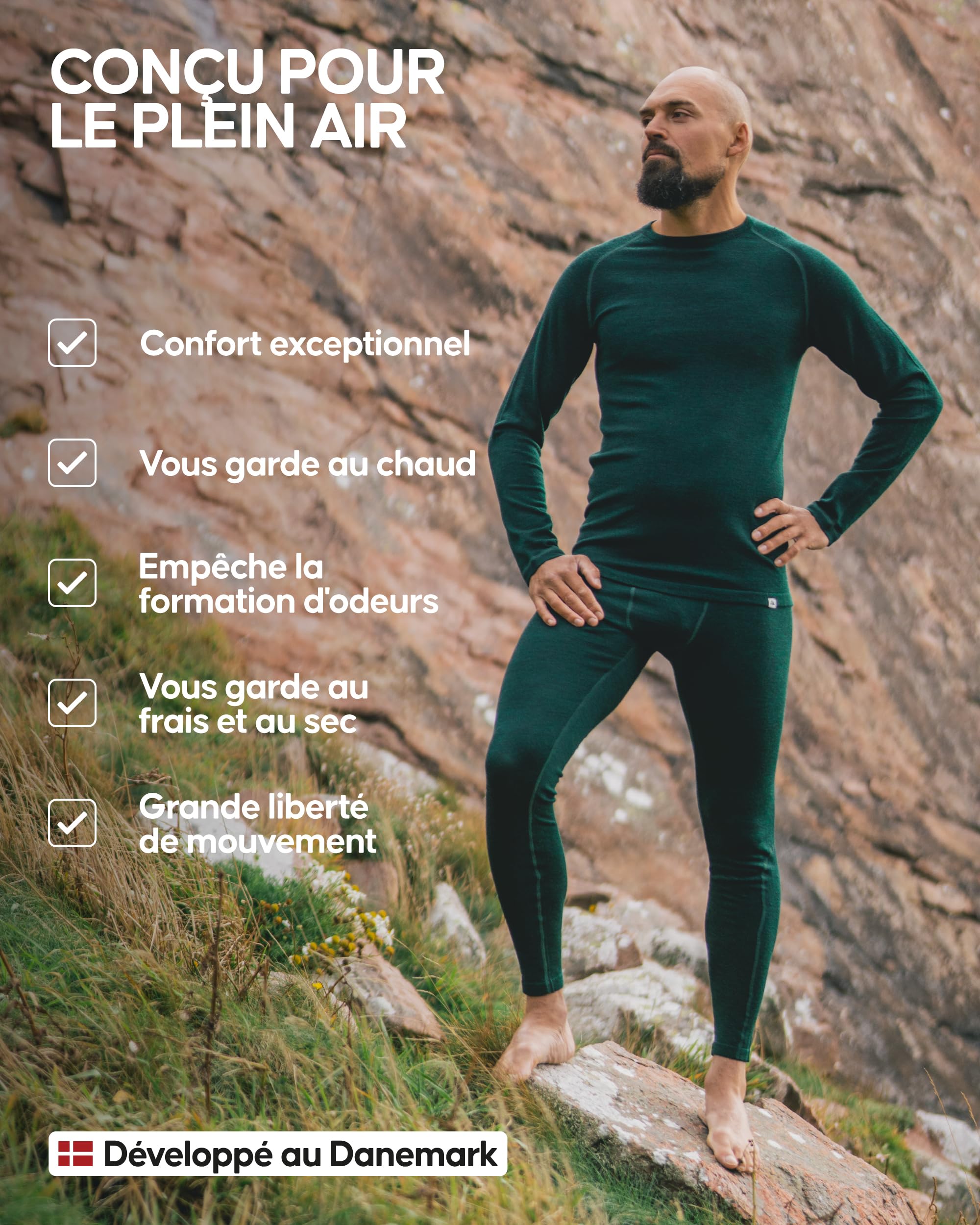 DANISH ENDURANCE sous-Vêtements Thermiques en Laine Mérinos, Ensemble de Couches de Base (Haut et Bas) sous-Vêtements pour Hommes, Vêtements Thermiques