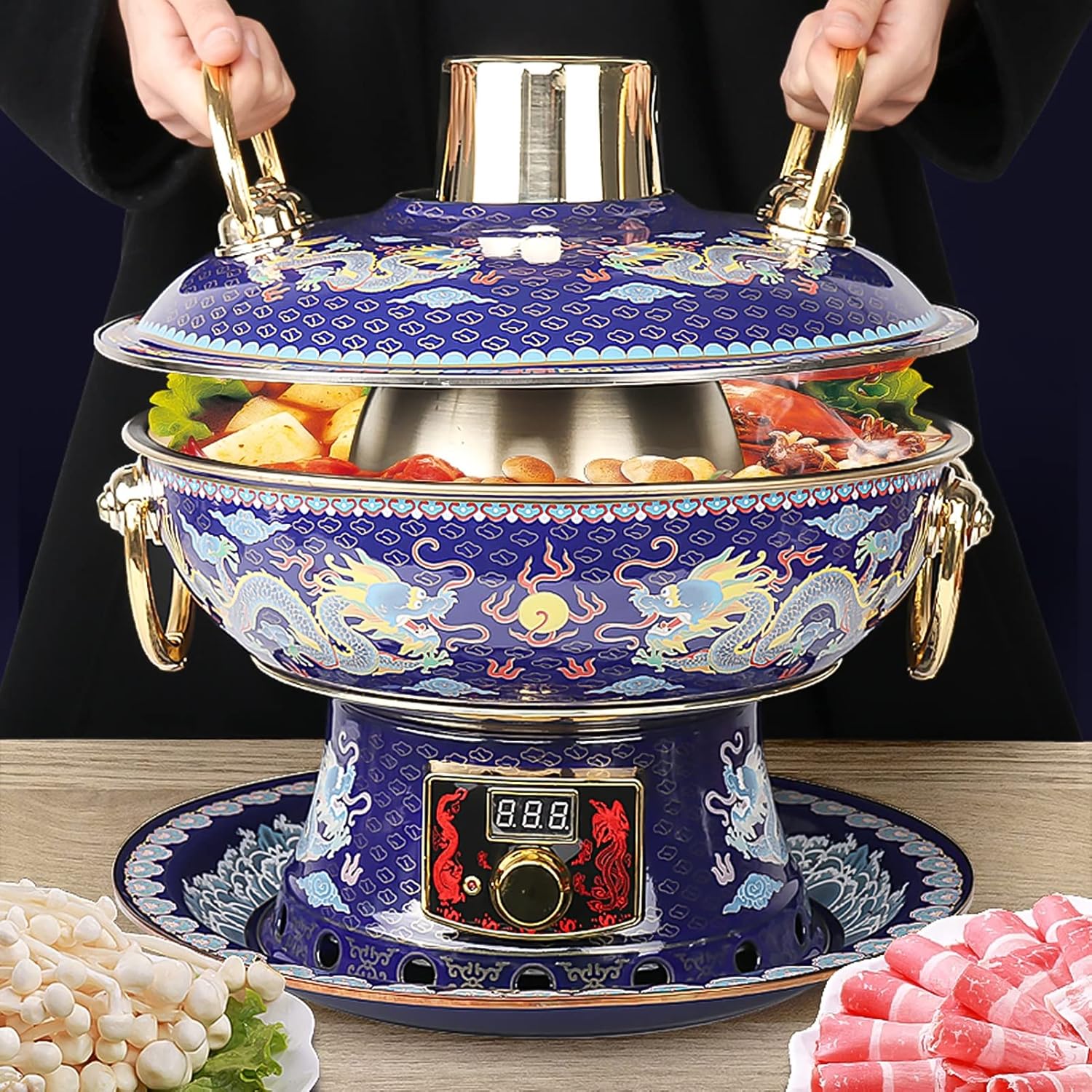 Hot Pot, Pure Copper Thickened Electric Grill Dual-use,Electric and Charcoal Copper Hot Pot,Brown Ring Handle Design Don't Hurt Hands (Color : Red-A, Size : 36cm) (Yellow b)