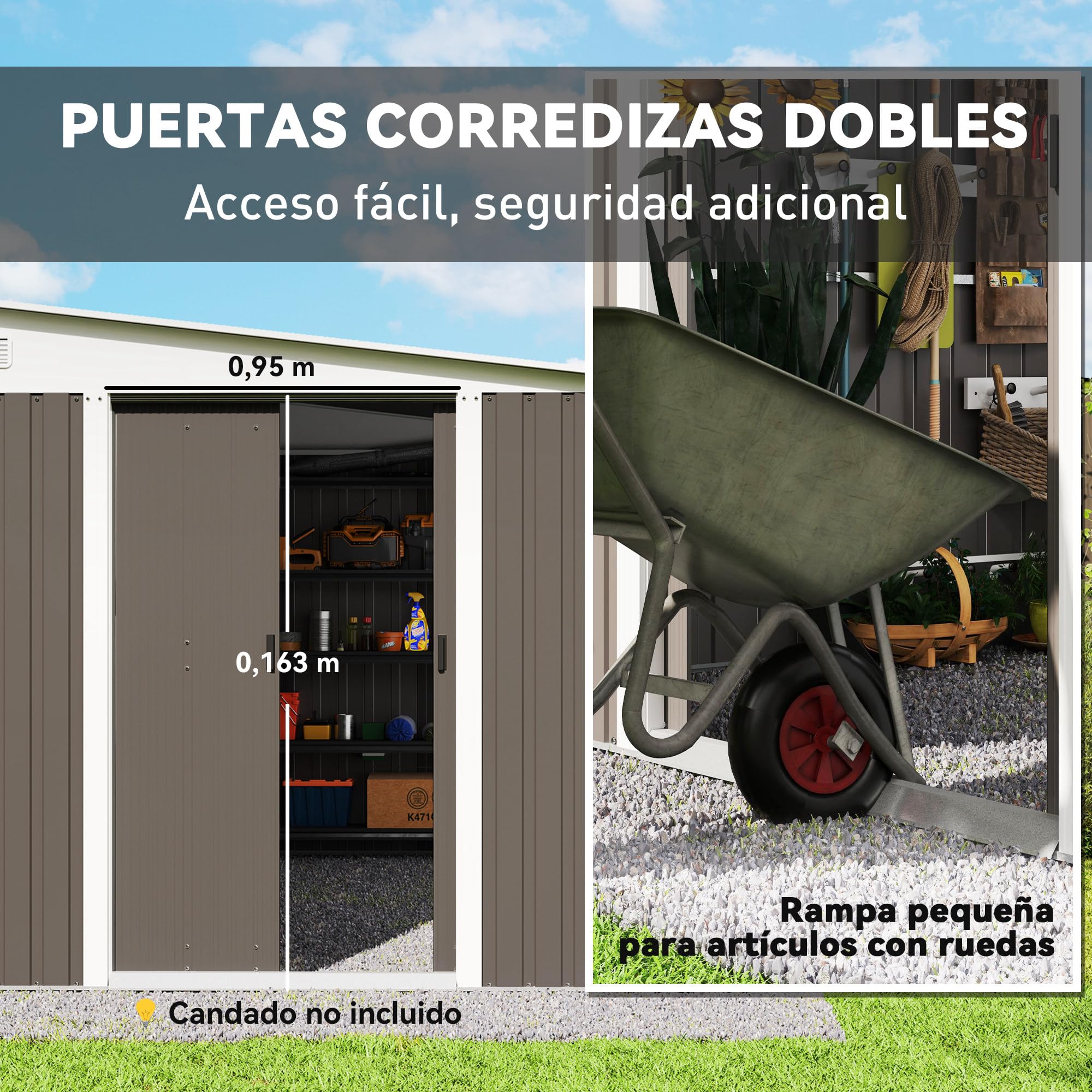Outsunny Cobertizo de Jardín Exterior 8,9 m² 280x345x201 cm Gris | Caseta de Jardín Exterior Metálica, 2 Puertas Corredizas, 2 Ventanas, para Almacenamiento de Herramientas