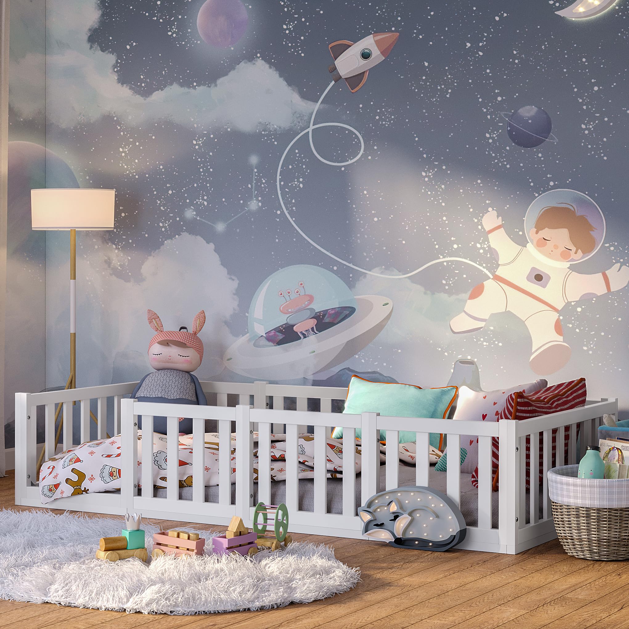 Bellabino Tapi Bett 90x200 cm – Montessori Bodenbett aus Kiefer Massivholz (weiß lackiert), inkl. Lattenrost, mit Rausfallschutz