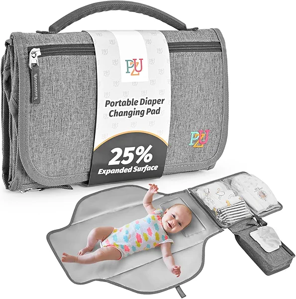 PZU Portable Diaper Changing Pad - Changing Pad Portable with Wipes Pocket, Waterproof Diaper Changing Mat, Portable Changing Pad for Baby, Newborn Gift(Grey)
