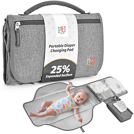 PZU Portable Diaper Changing Pad - Changing Pad Portable with Wipes Pocket, Waterproof Diaper Changing Mat, Portable Changing Pad for Baby, Newborn Gift(Grey)