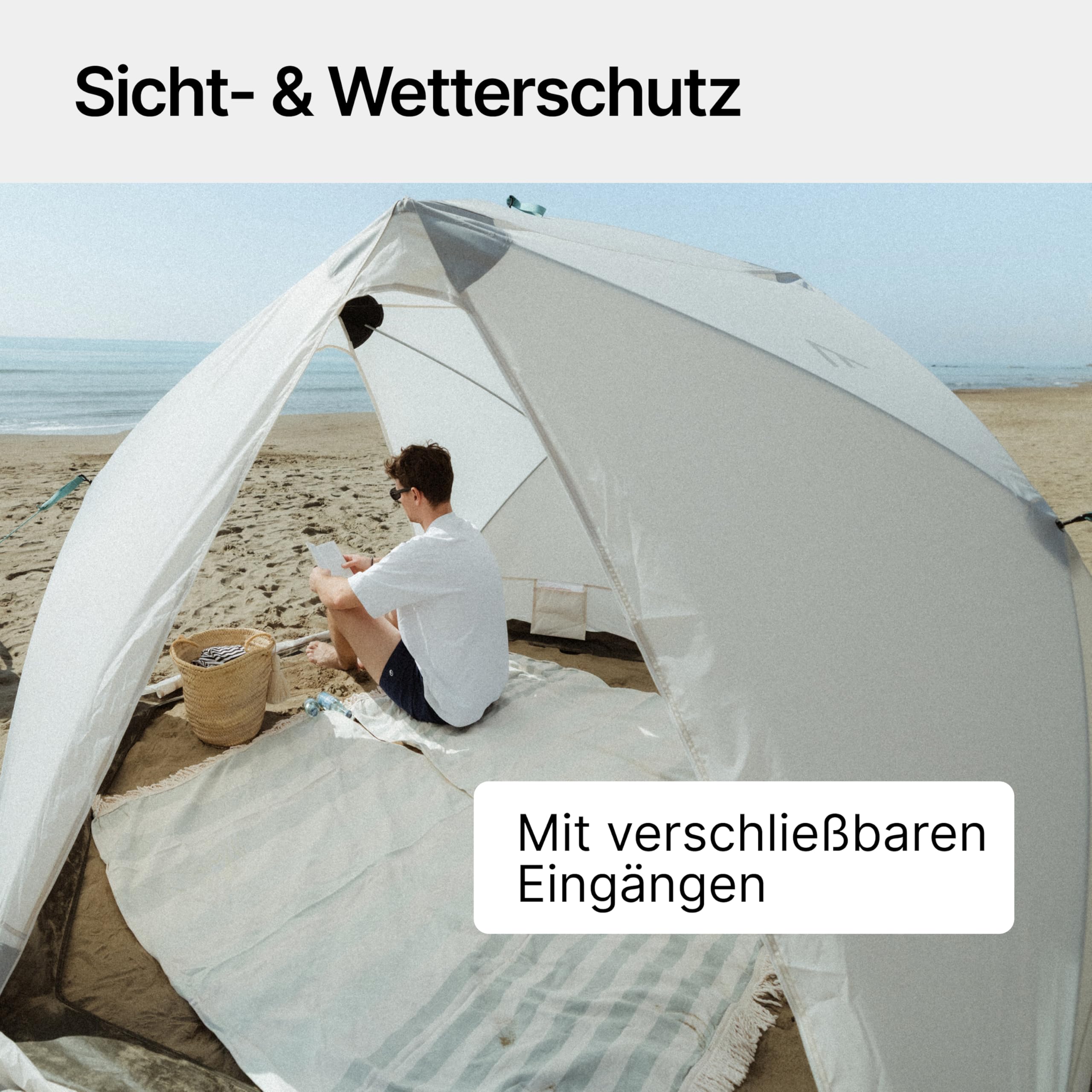 qeedo Quick Island Strandmuschel - große Quick-Up Strandmuschel mit 3 Eingängen, Sichtschutz & Windschutz, inkl. Boden, Sandanker, Heringe und Tragetasche