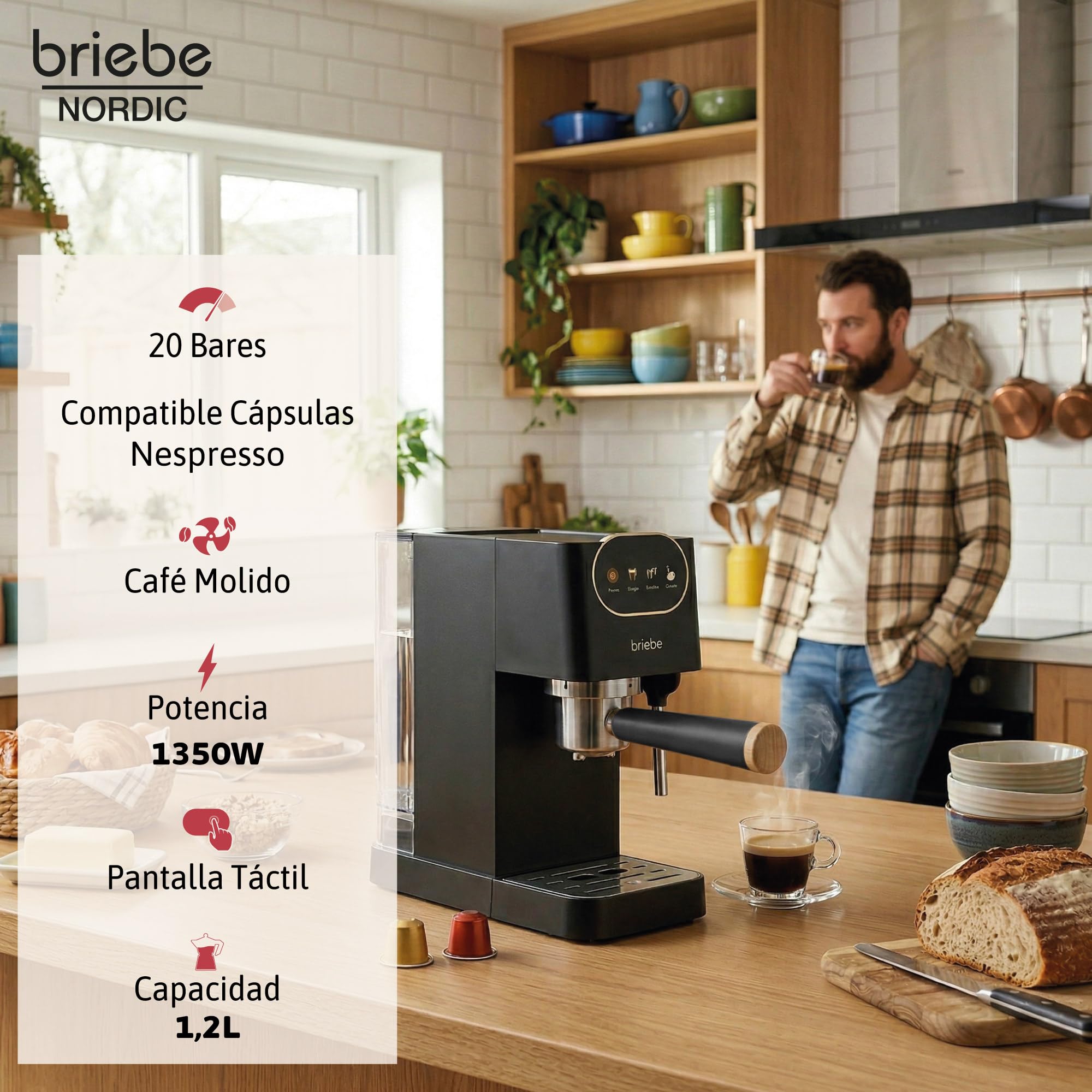 briebe Nordic Set Cafetera Espresso 20 Bares Cápsulas y Café Molido + Hervidor Agua Eléctrico 1,7L Inalámbrico 2200W + Tostadora Ranura Ancha 2 Rebanadas, Pack Desayuno Diseño Nórdico (Negro)