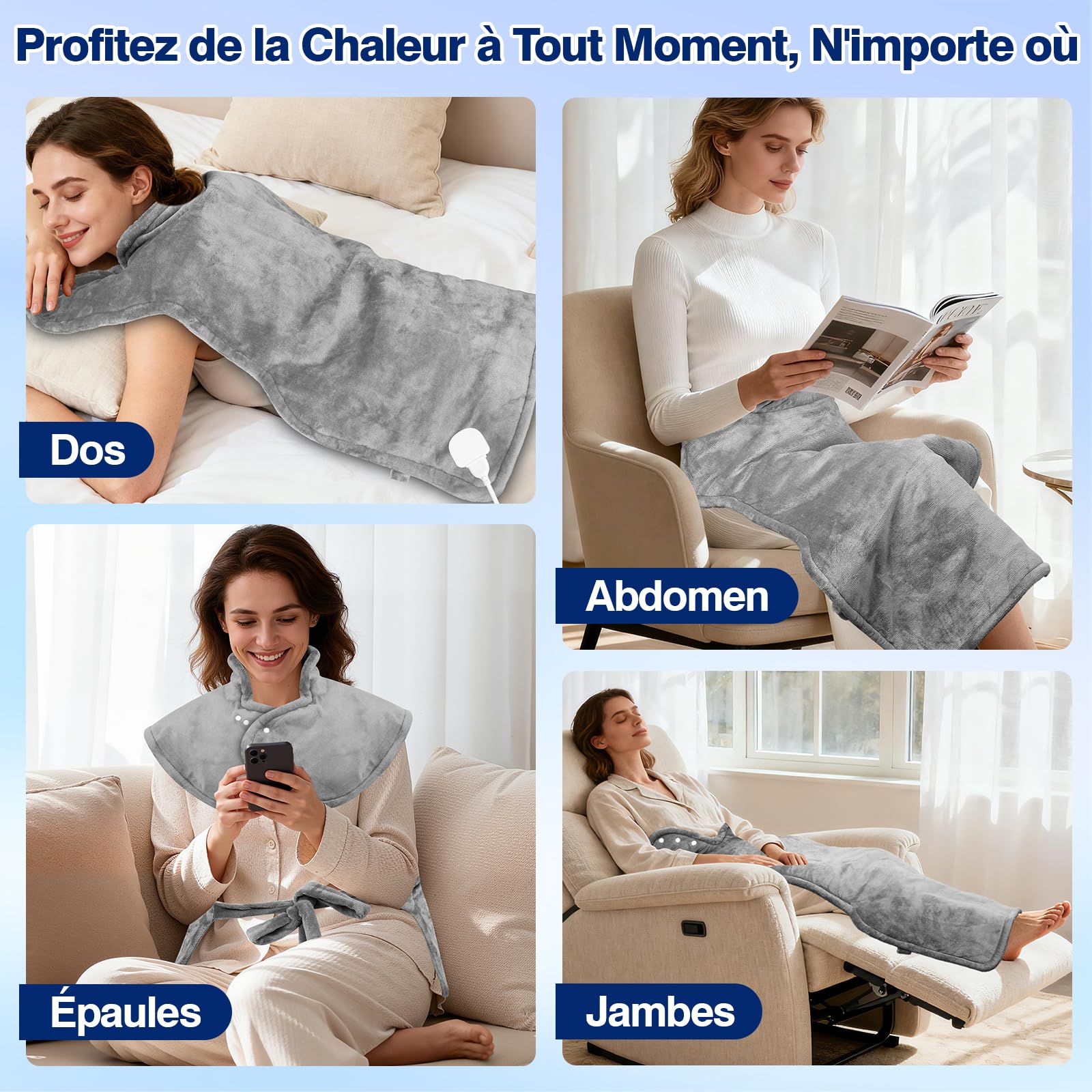 Coussin Chauffant dos Electrique Epaule et Nuque 60×100 cm, 9 Niveaux de Chaleur, 4 RéGlages de Minuterie d'arrêt Automatique, Chauffe-dos, Chauffage Rapide, Flanelle, Lavable en Machine