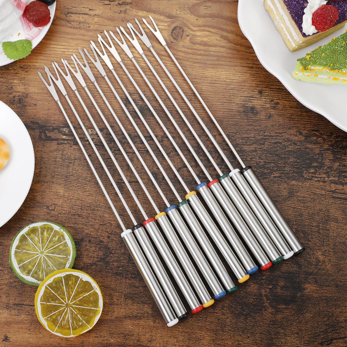 Cabilock 12pcs 9.4 Inch Stainless Steel Fondue Forks,Color Coded Cheese Fondue Forks Sticks with Handle for Chocolate Fountain Cheese Roast Marshmallows Dessert Fruits