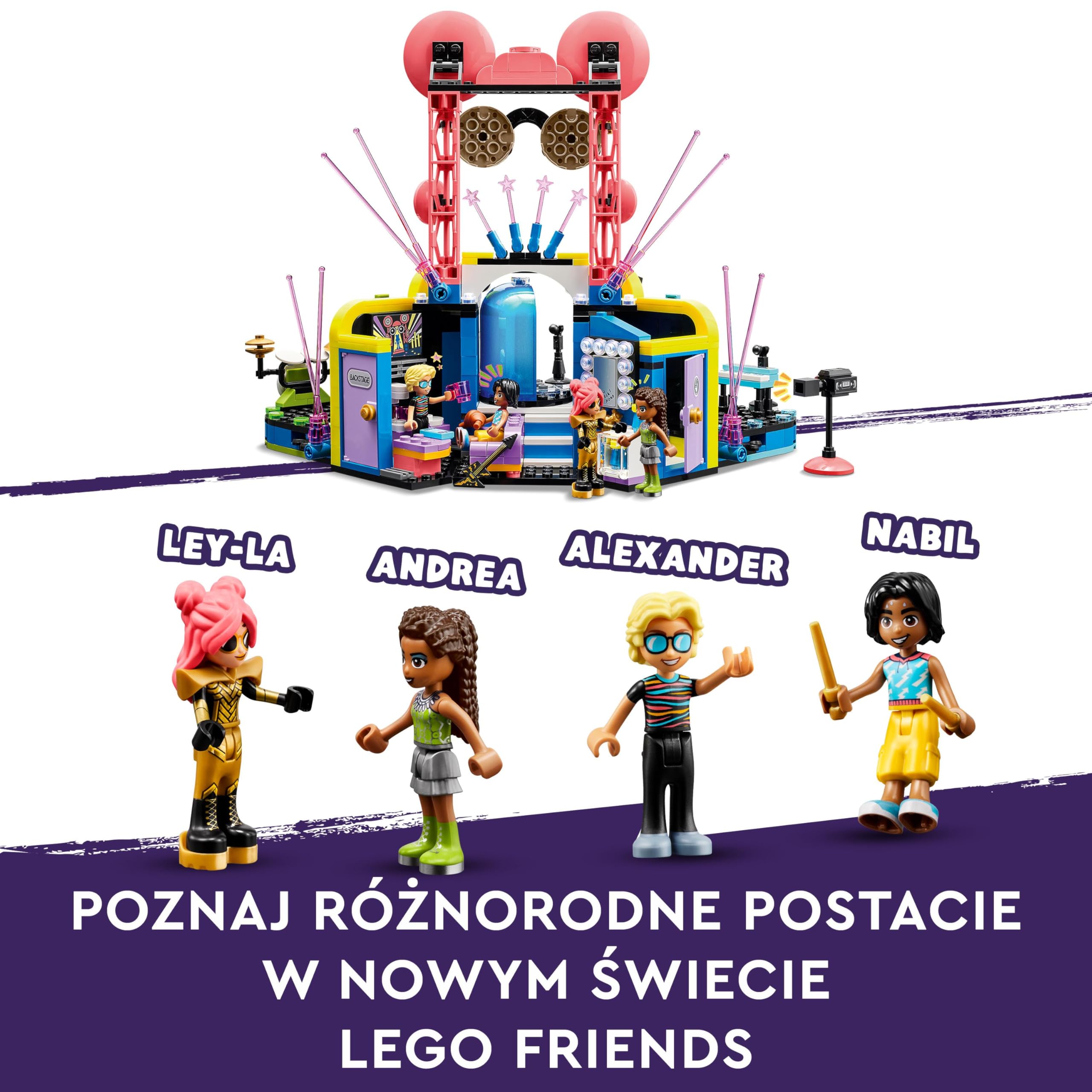 LEGO Friends Pokaz talentów muzycznych w Heartlake, zabawka do budowania dla dziecka, dla dziewczynki i chłopca, zestaw z gitarą i keyboardem, 4 postaci, w tym Andrea, prezent dla 7-latki, 42616