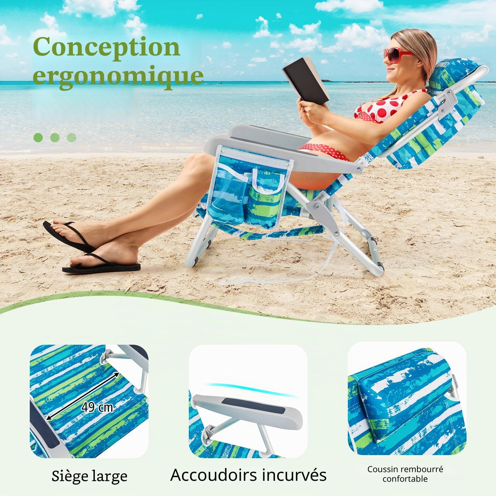 GIANTEX Chaise de Plage Pliable avec Sac à Dos, Chaise de Camping en Aluminium, Dossier Réglable en 5 Positions, Poches de Rangement, Appuie-tête Amovible (65 x 66 x 78 cm,Bleu + Vert,1)