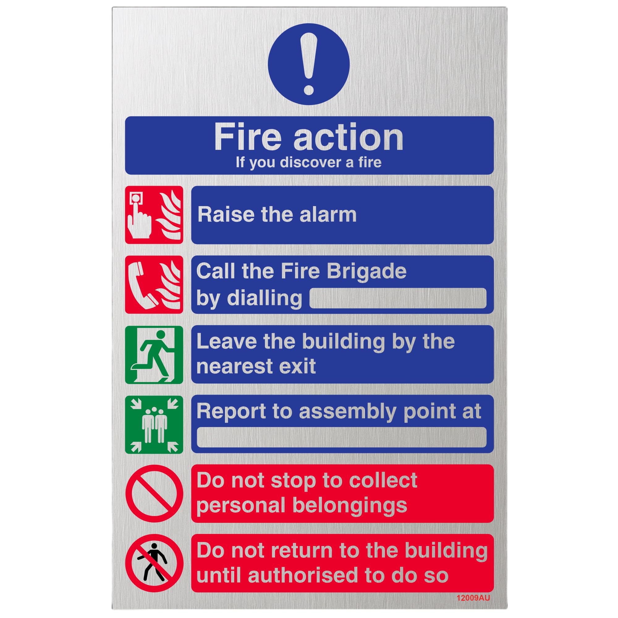 Vsafety Red General Fire Action 6 Message Sign - 200Mm X 300Mm - Self Adhesive Alu Effect