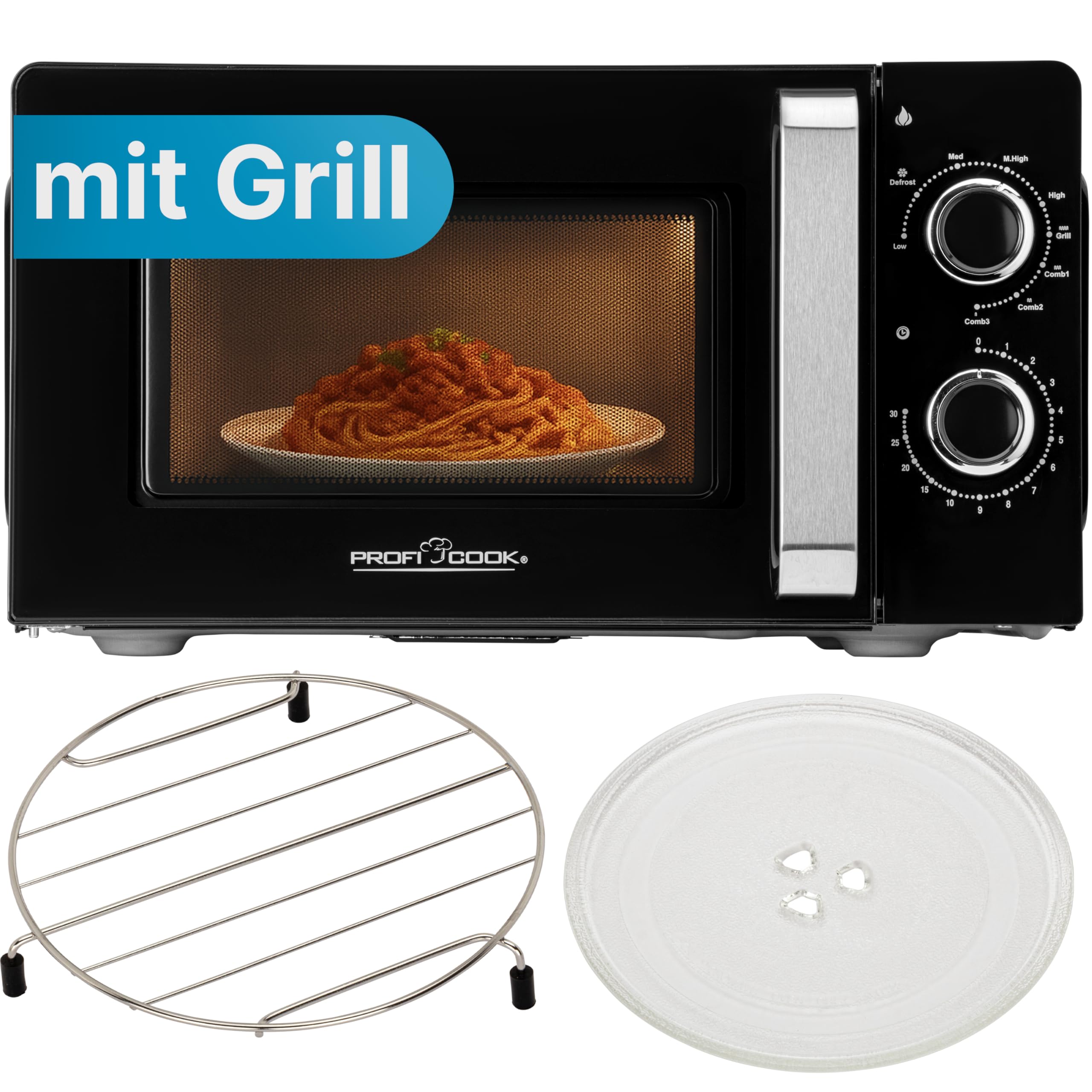 ProfiCook® Mikrowelle mit Grill | 900 Watt | 6 Stufen | 17 Liter Garraum | 360° Drehteller | Timer mit Endsignal | inkl. Grillrost | Microwelle | Microwellengerät | PC-MWG 1208 schwarz