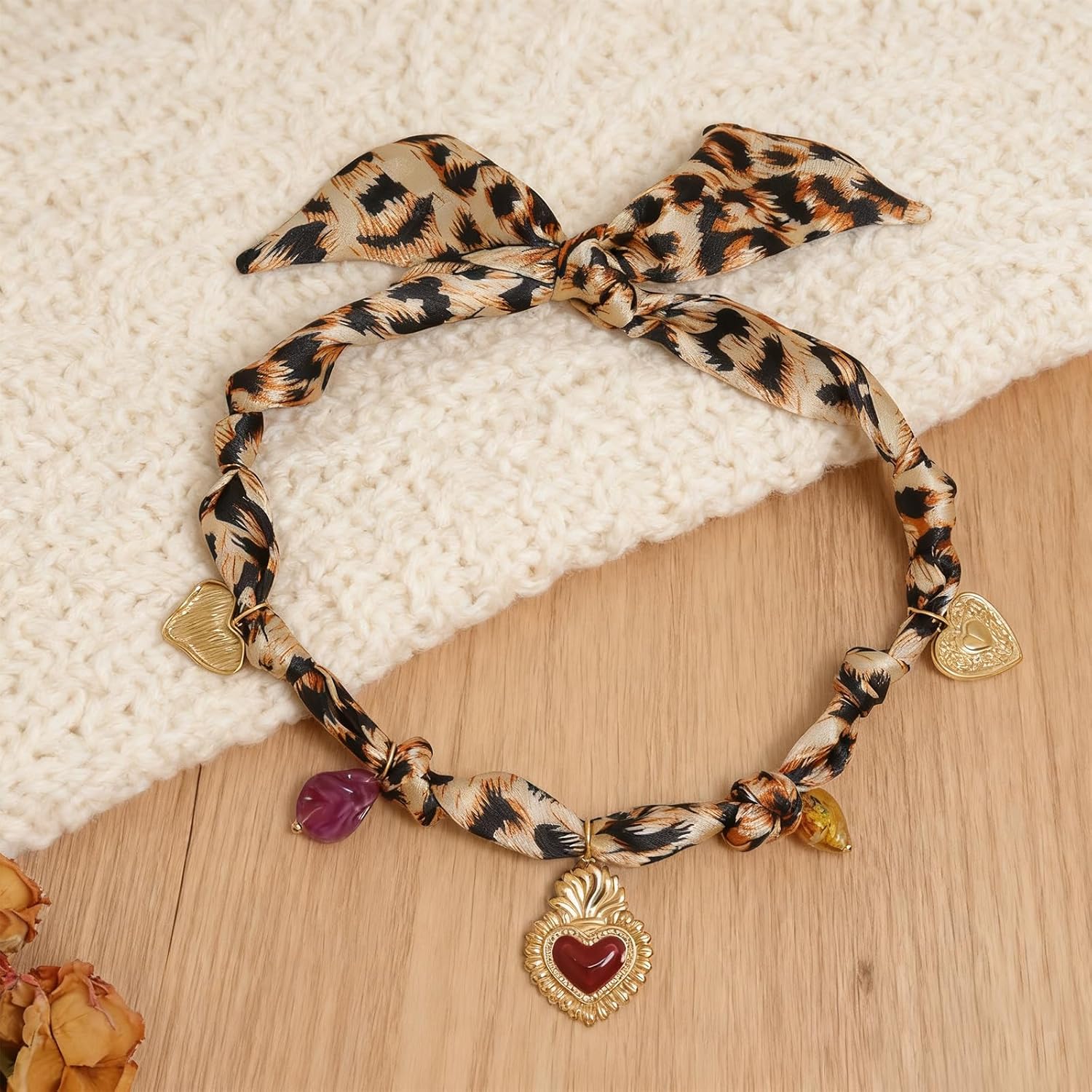 Scarf Bandana Necklace for Women, Gold Charms With Heart Pendant Vintage Lightweight Leopard Choker Boho Natural Stone Fashion Accessories Fall Jewelry Gift - Image 5