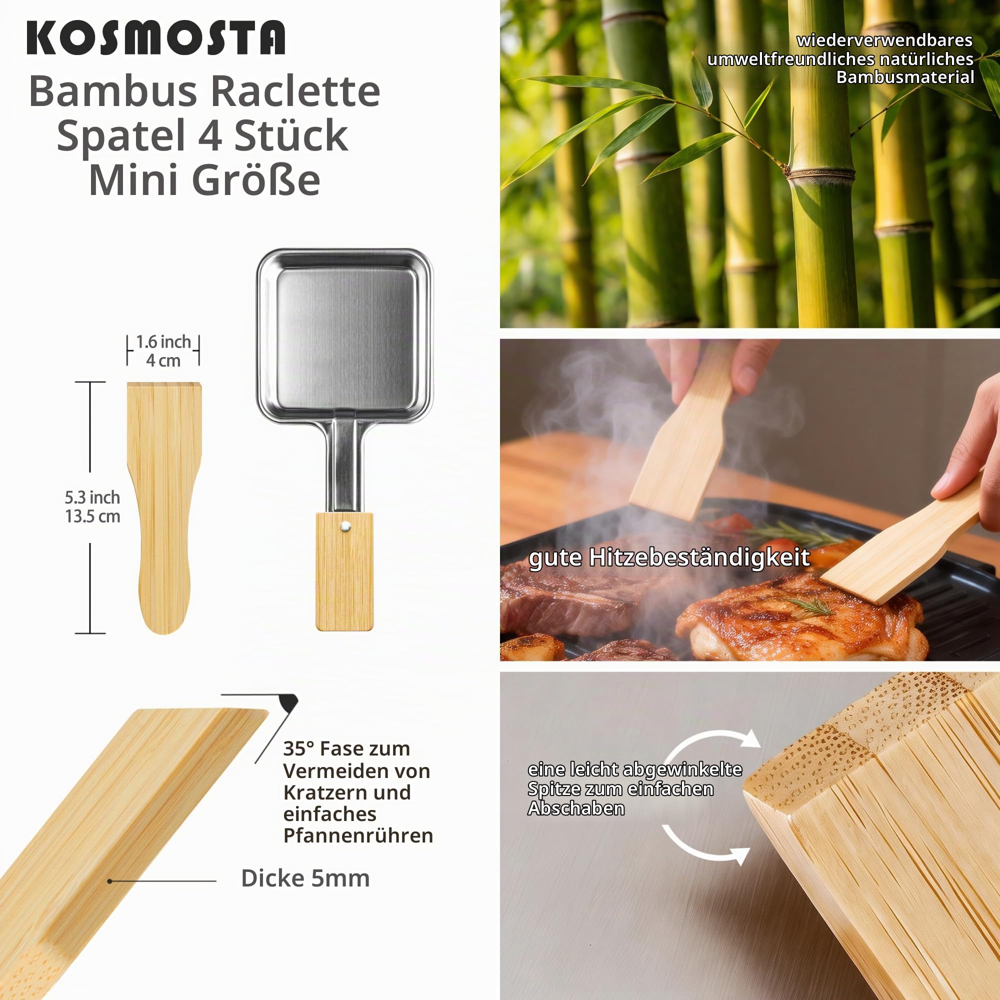 4er Set Edelstahl Raclette Pfännchen Quadratisch mit Extra Langem Griff und Bambusgriff, 4 Bambus Spatel, Ohne Beschichtung, Große Raclette Grillpfannen, Ersatz Zubehör