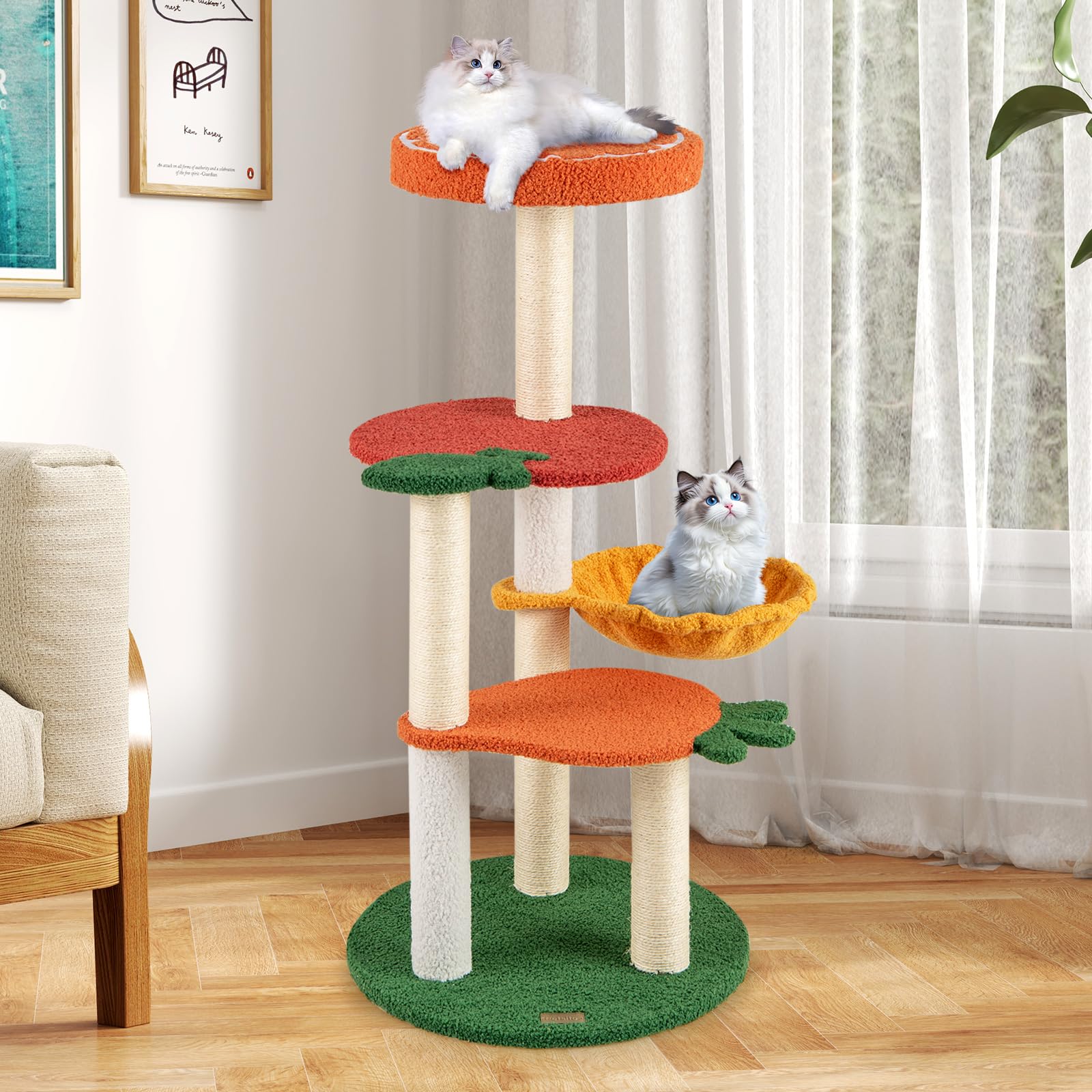 GOPLUS Árbol para Gato de Múltiples Niveles, Centro de Actividad con Plataformas en Forma de Frutas, Percha Acolchada, Postes para Rascar de Sisal, Cesta Giratoria, Mueble Torre Interior para Gatos