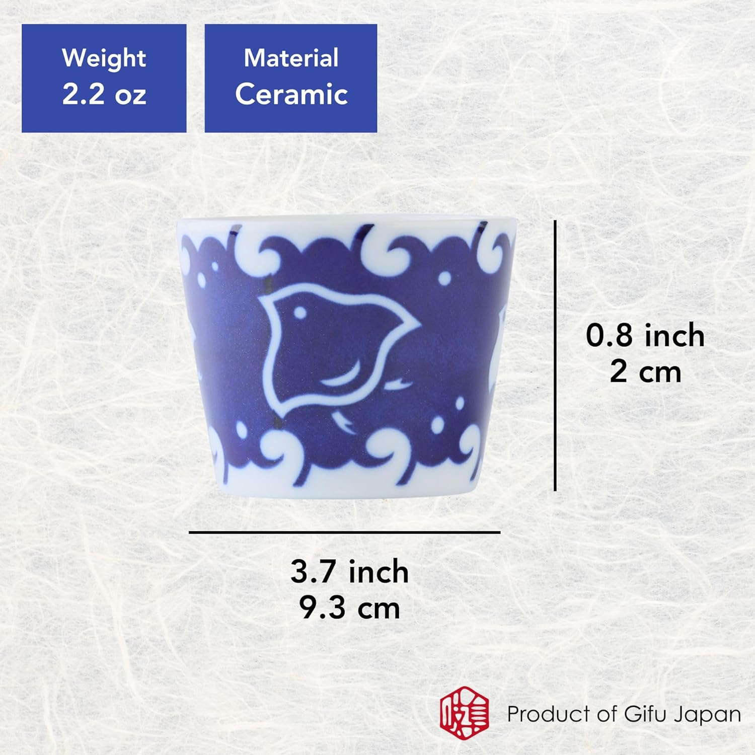 Mino Ware CHIDORI Plovers 5 Designs Cups Set, Tea Cups Bouillon cups, 5.1 fl oz 3.1x2.6 inch Indigo Blue, Set of 5