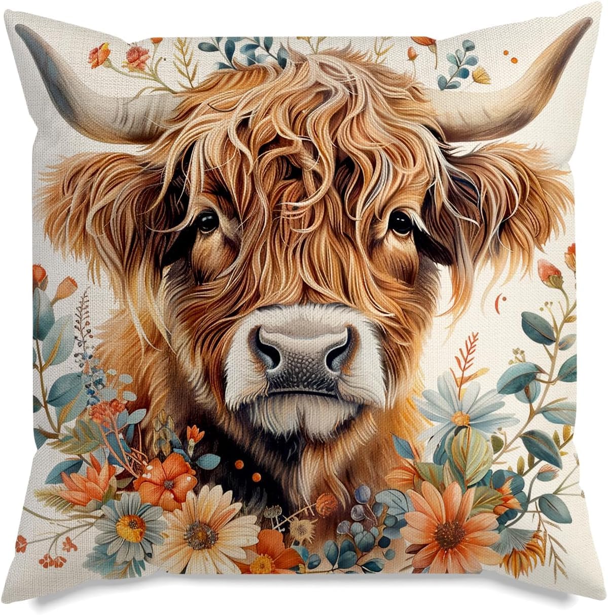 Zfengyyuan Women's As Picture Scottish Highland Cow Cushion Cover,Farmhouse Flower Animal Print Decorative Pillow Case Christmas Birthday Gift For Mom Outdoor Flower Farm Decor 45X45cm