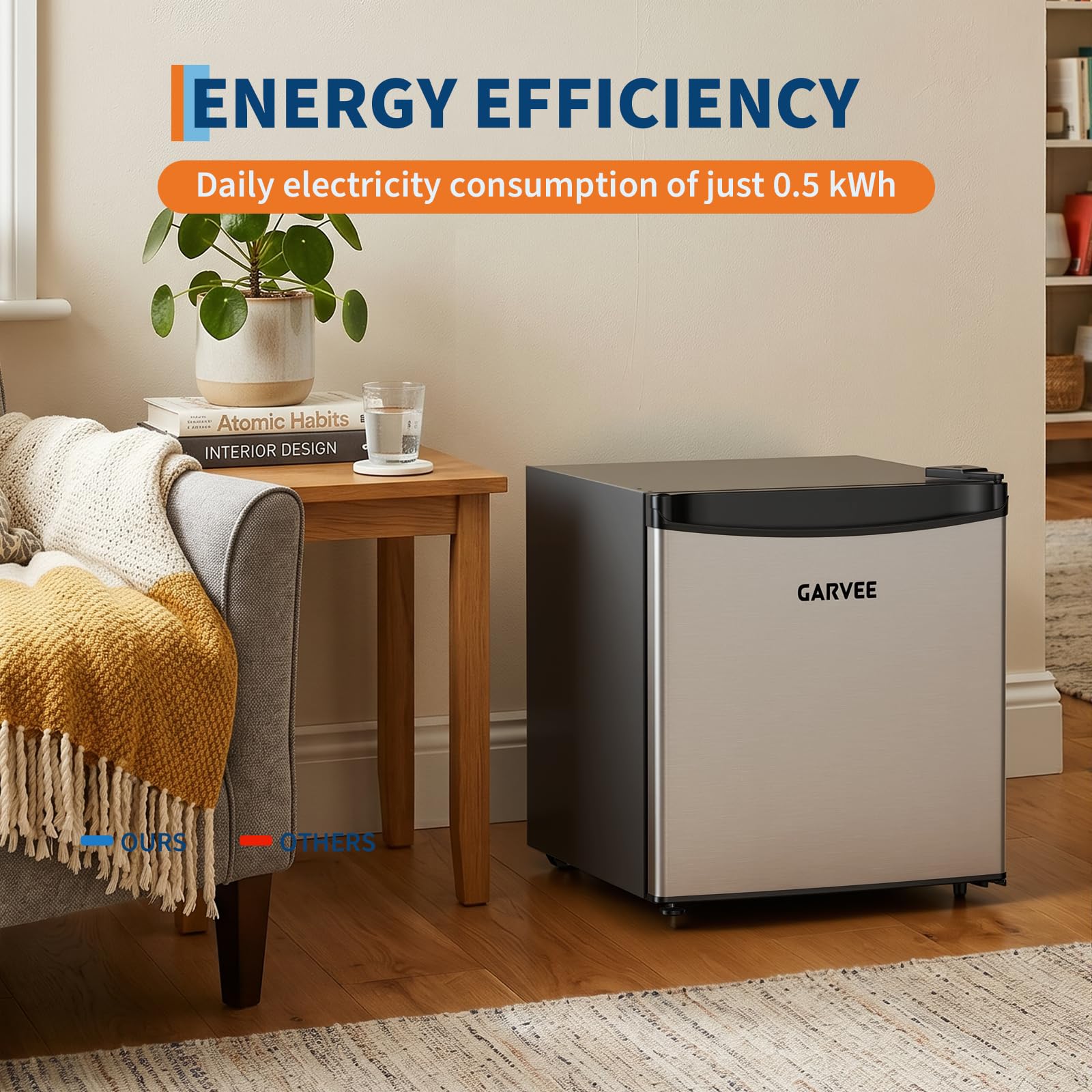 GarveeLife - Refrigerador compacto de 45 L, puerta inox, refrigeración rápida, 5 niveles de temperatura (0-18 ℃), funcionamiento silencioso 41 dB, cajón para verduras, patas ajustables, ideal para