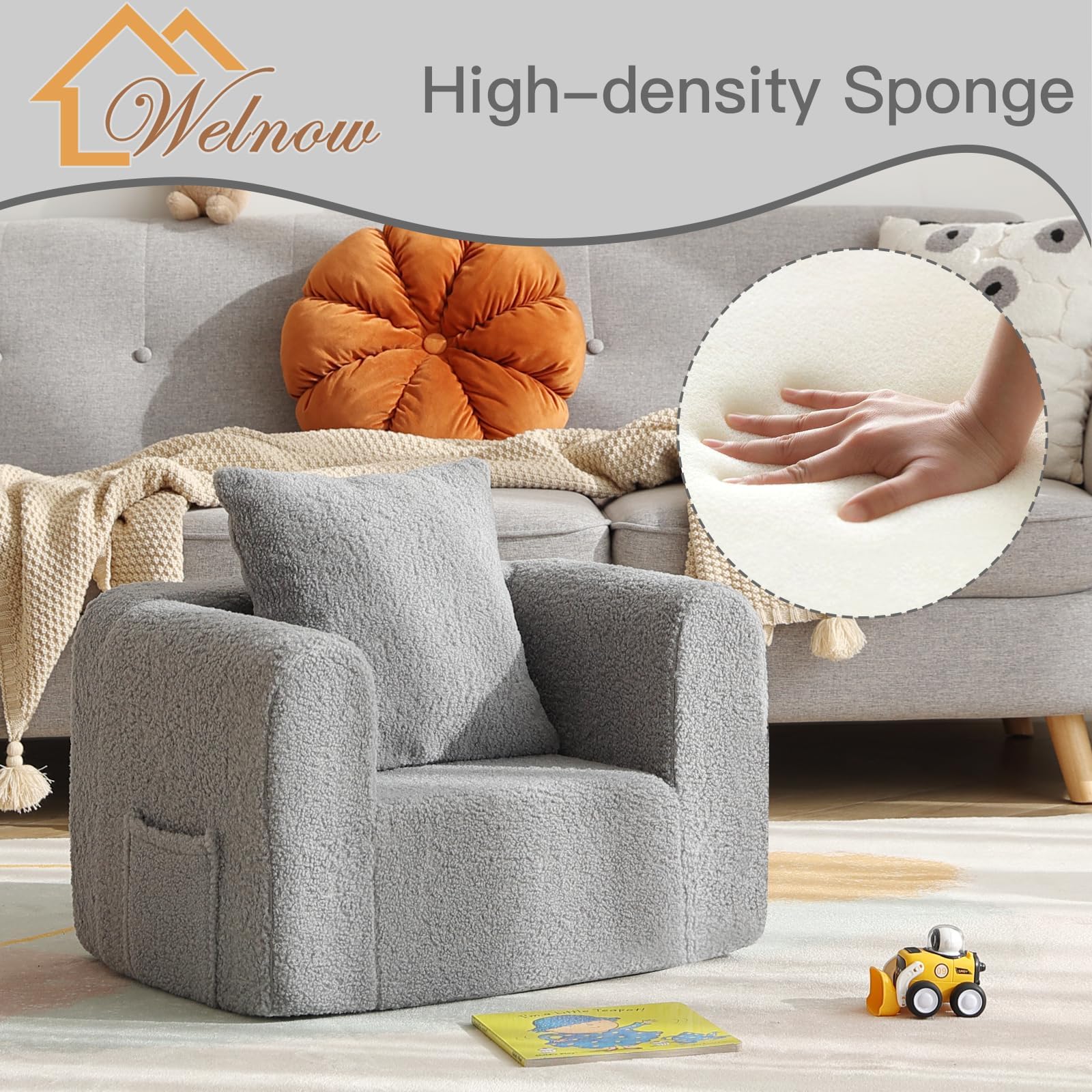 Sofá para niños con almohada, acogedora silla de espuma suave para leer, sofá infantil con reposabrazos, muebles ligeros y cómodos para niños, dormitorio, sala de juegos para niños y niñas, 4