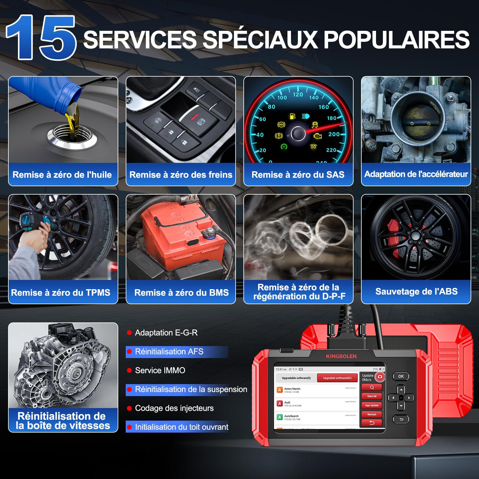 KINGBOLEN S800 Valise Diagnostic Auto pour Moteur/ABS/SRS/Boîte de Vitesses, Outil de Diagnostic OBD2 du 4 Système avec 15 Services, l'huile/INJEC/SAS/DPF/TPMS etc, AutoVIN Mise à Jour Gratuite