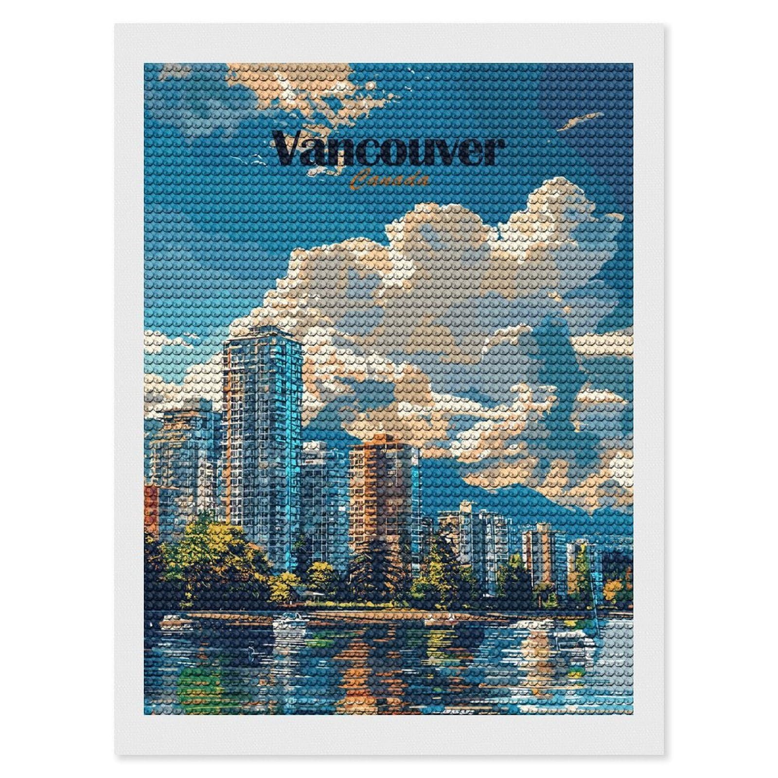 Junmoney Vancouver Skyline DIY Diamond Art Canvas Kit 12"x16", Relaxing DIY, Sparkling Crystal Beads, Vintage Style Decor, Holiday Gift Idea