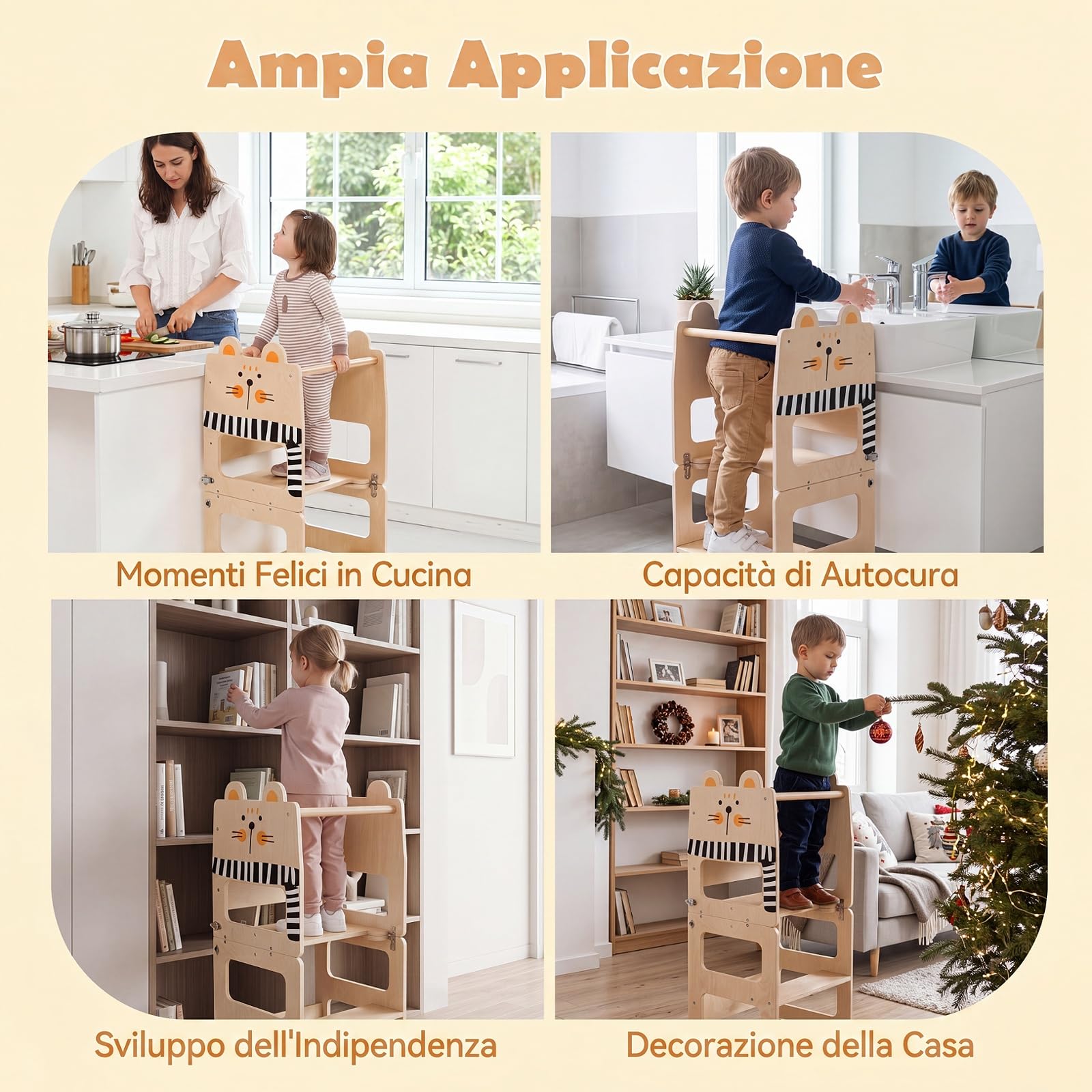 COSTWAY Torre Montessoriana per Bambini, Trasformabile in Tavolo e Sedia | Torre di Apprendimento con Lavagna Pieghevole, Forma di Gatto, Scala Sicura in Legno per Cucina e Bagno, 18+ Mesi