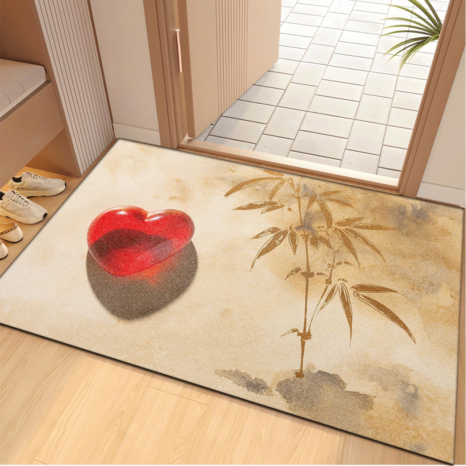 Fussmatte Innen 80x120 cm Beige Bambus Herz Fussmatte Aussen rutschfeste für Hund Eingang Badematte Waschbar Schmutzfangmatte Strapazierfähige und Langlebige Fussmatten Haustür