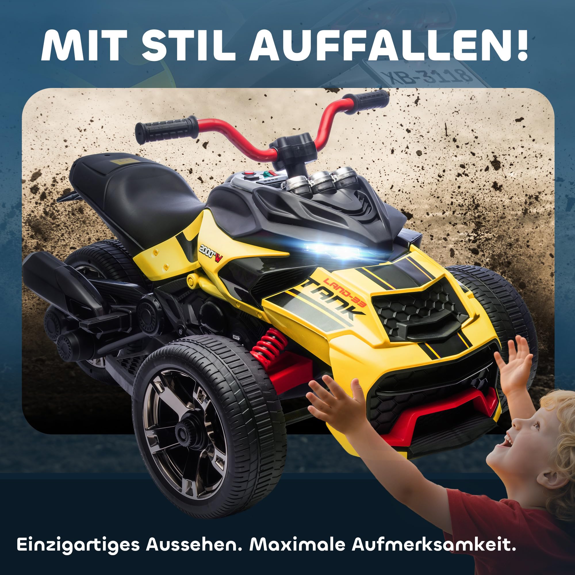 AIYAPLAY Elektro Quad für Kinder 12V Kinderquad 3 Räder 3-8 Jahre Gelb | Vorwärts-, Rückwärtsfunktion, MP3-Player, Hupe, 2 Geschwindigkeiten, LED-Leuchten, Kinderfahrzeug 3-5 km/h