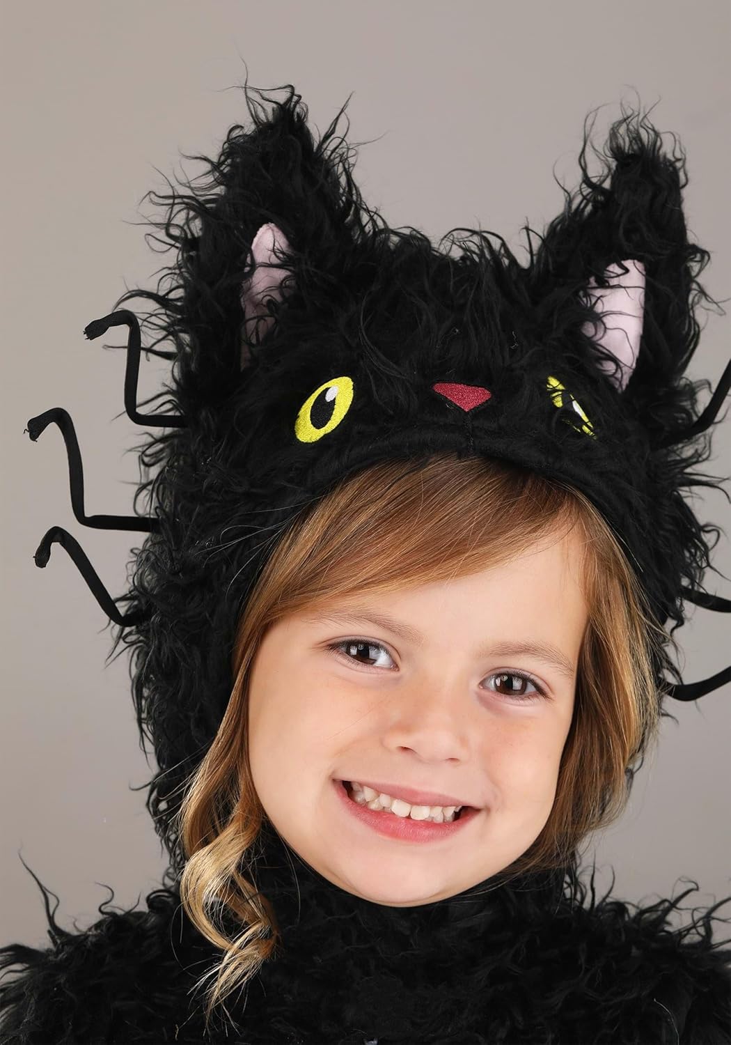 Kids Alley Cat Costume | Black Faux Fur Jumpsuit With Attached Tail, Hood, & Fish Bone Details For Kitty Play - Image 3