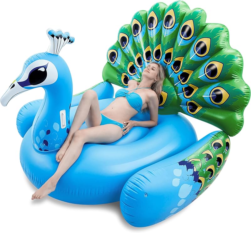 JOYIN Óriás Felfújható Páva Medence Matrac, Strand Úszógumi Felnőtteknek, Nyári Medence Lounge - Multi-coloured, 66" X 62" X 48", Peacock (167x157x121cm)