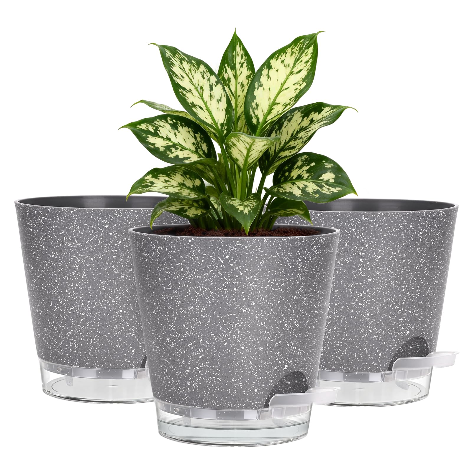 15cm Self Watering Plant Pots Indoor, 3 Pack - Side Refill Planters with Clear Water Level Reservoir & Wick System, Modern Plastic Flower Pots with Drainage Holes & Saucer for House, Grey Speckles
