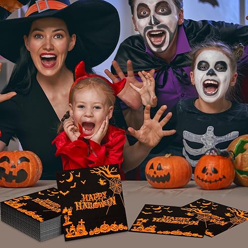 Miniatura 6 de DYLIVeS Servilletas de fiesta de Halloween, servilletas de papel desechables de calabaza de Halloween, cementerio, murciélagos, suministros de