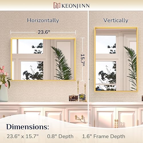 Miniatura 119 de Keonjinn Espejo de baño dorado de 48 x 36 pulgadas, espejo rectangular con marco de metal dorado cepillado, espejo de pared grande rectangular