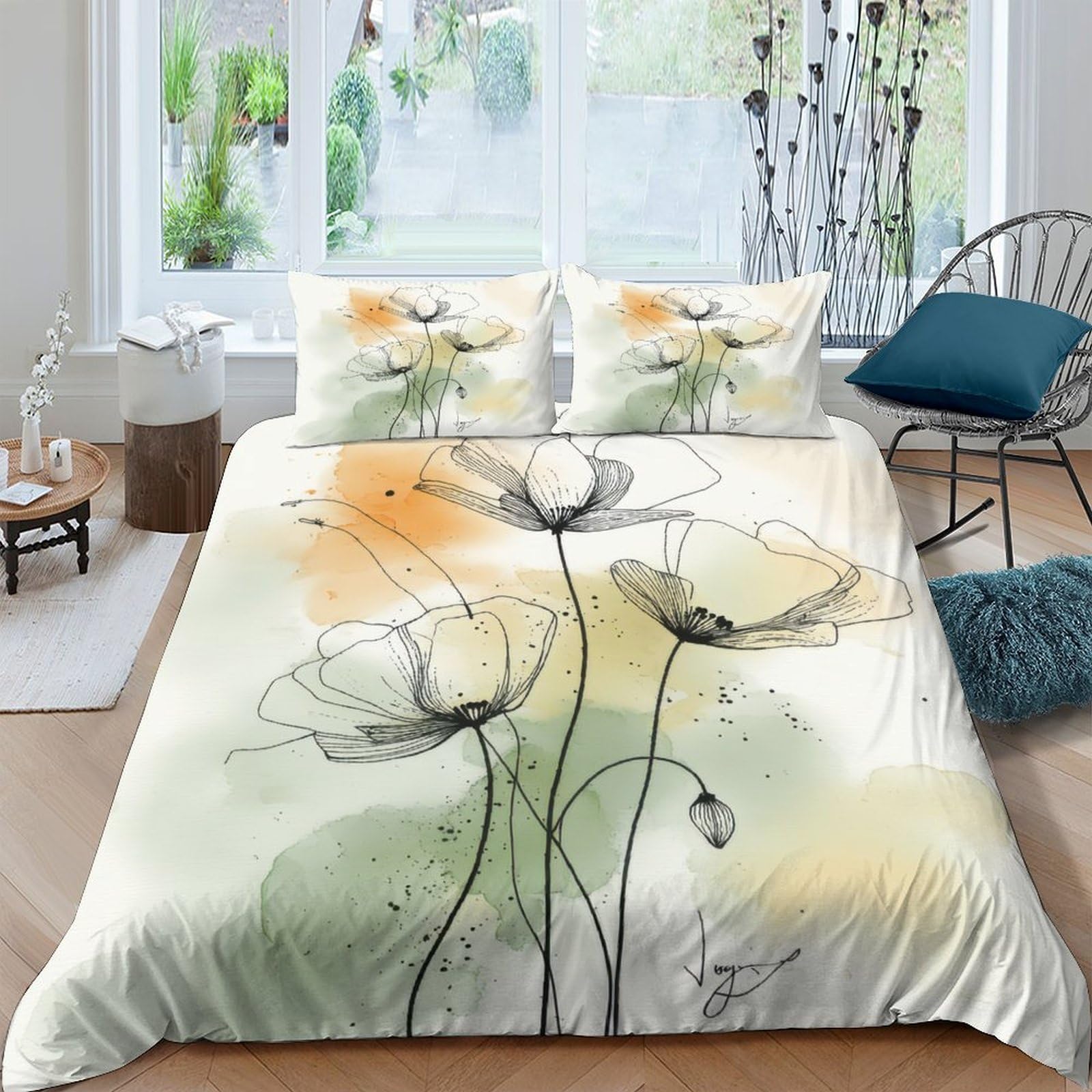 Ctjqhvkz Style-7 3D Printed Watercolor Poppy Fitted Sheet Microfiber Soft Orange Green Abstract Flower Mattress Cover For Bedroom Decor Single（135X200cm）