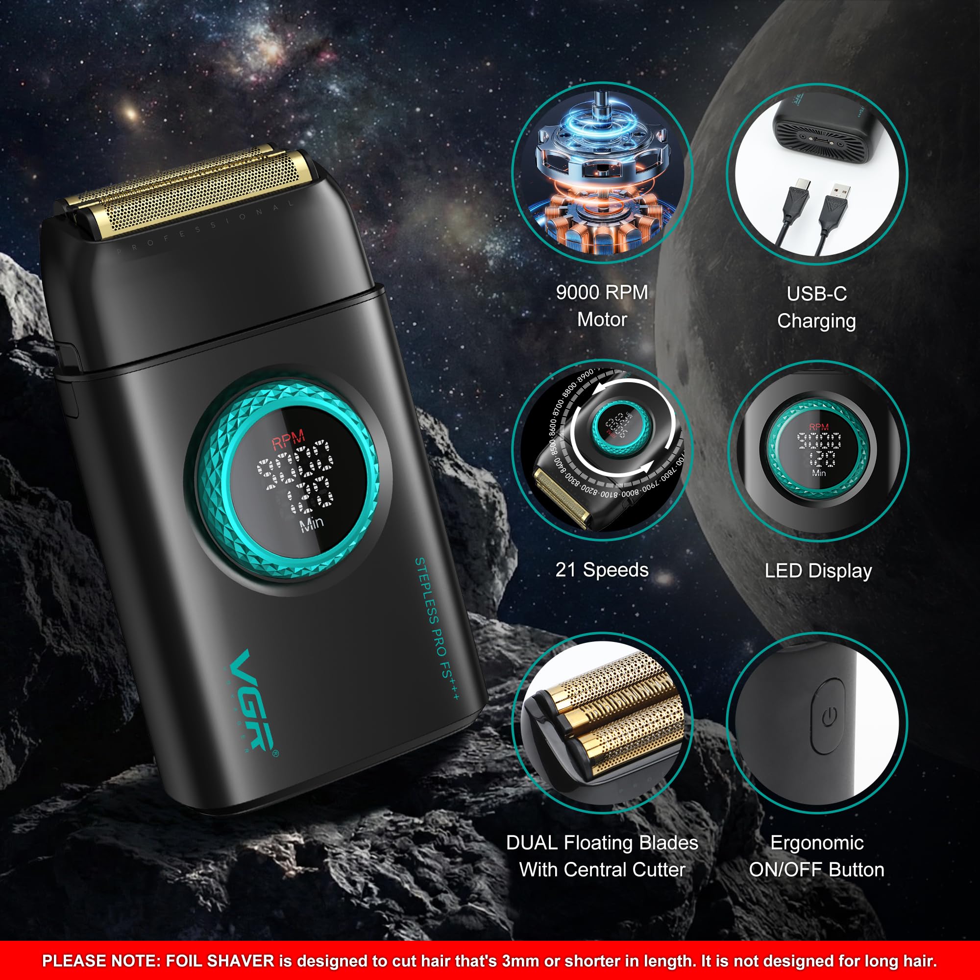 VGR Afeitadora y maquinilla de afeitar eléctrica profesional para hombres, cara, barba, cuello, decoloración de la piel y cabeza calva, recargable por USB-C, láminas de titanio flotantes dobles, 21