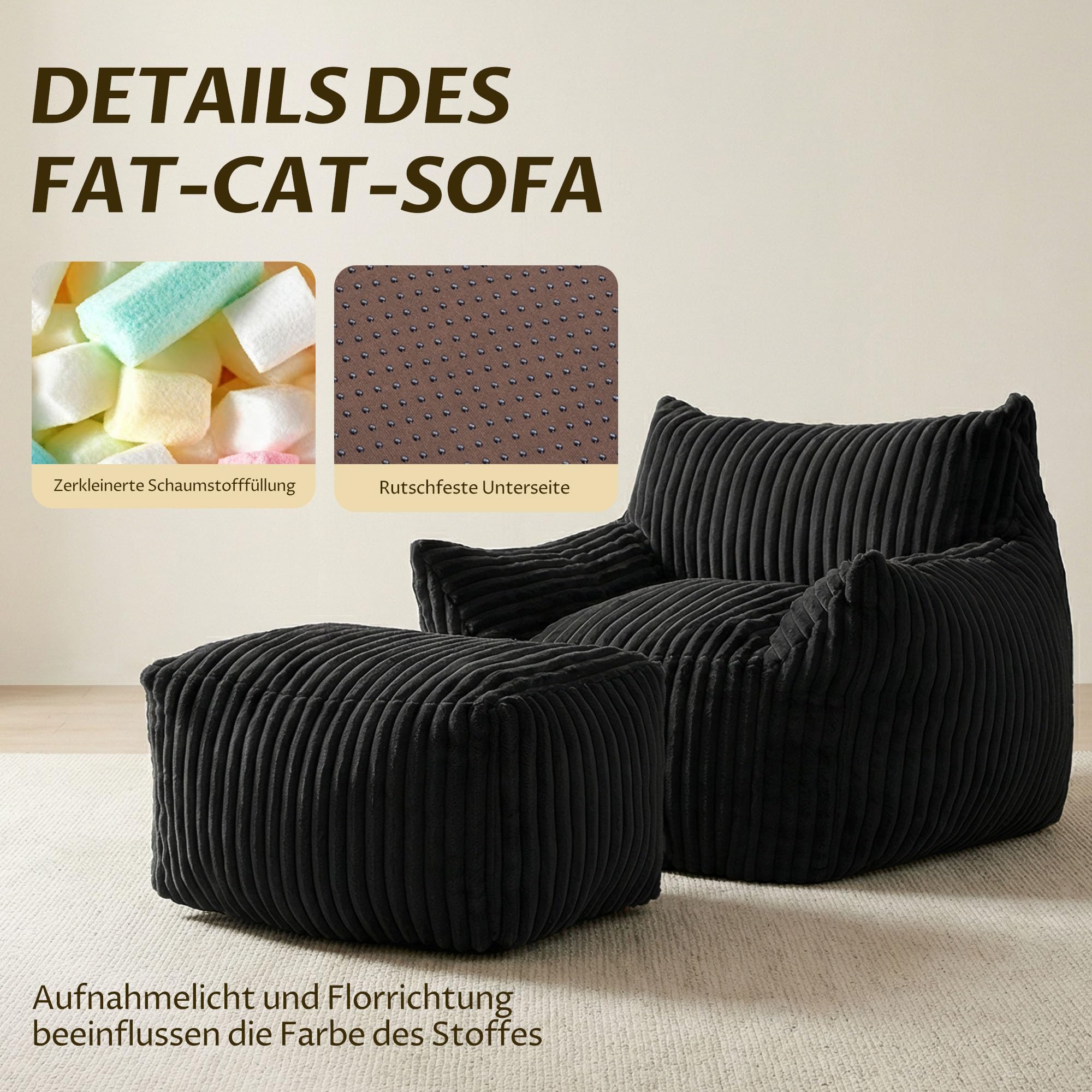 GRAVFORCE Schlafsofa mit Rückenlehne und Fußstütze, XXL Sitzsack Sessel mit Hocker für Erwachsene, Relaxsessel Lazy Sofa, Indoor-Sitzkissen für Schlafzimmer Wohnzimmer, Wintergarten Schwarz