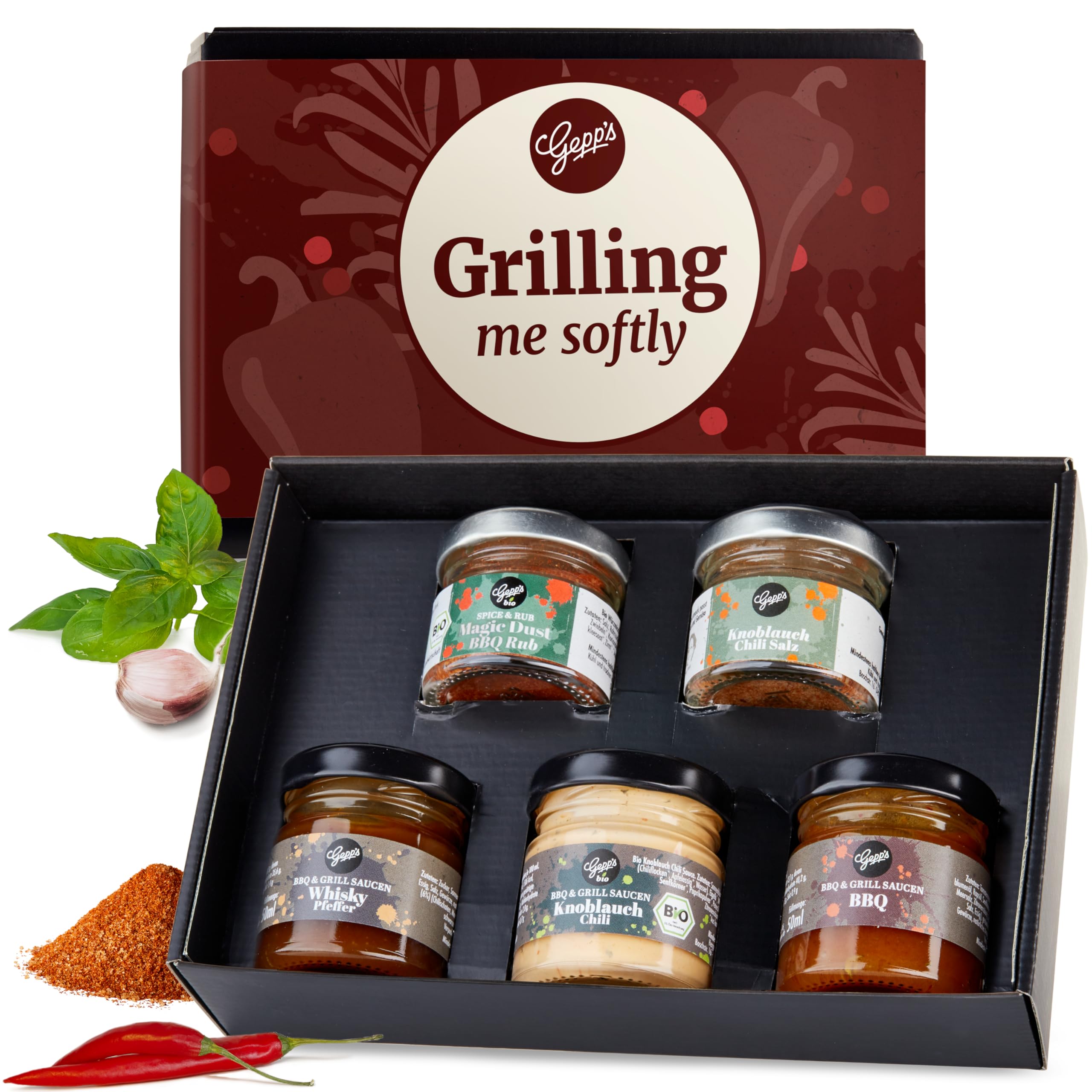 Gepp's Feinkost Grilling me softly I Männergeschenk mit Gewürzen & BBQ Saucen I Grillgeschenk für Männer I Geschenk mit Spezialitäten wie Magic Spice Gewürz & Whiskey Pfeffer