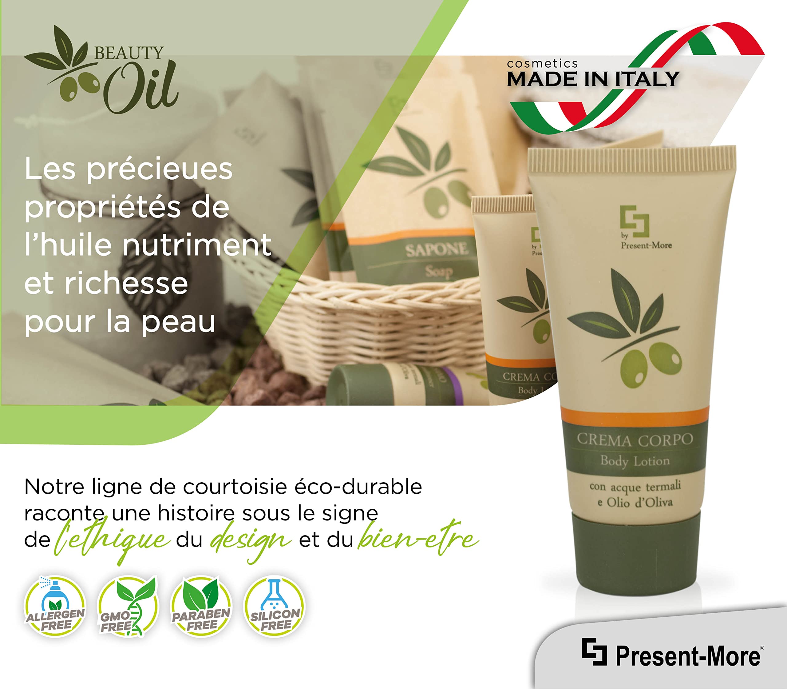 PRESENT-MORE - Crème Corps Unidose 30ml Beauty Oil - Paquet de 150 Pièces - Crème Corps Sans Allergènes - Parfum Tahitian - Made in Italy - Idéal pour Hôtels et B&B