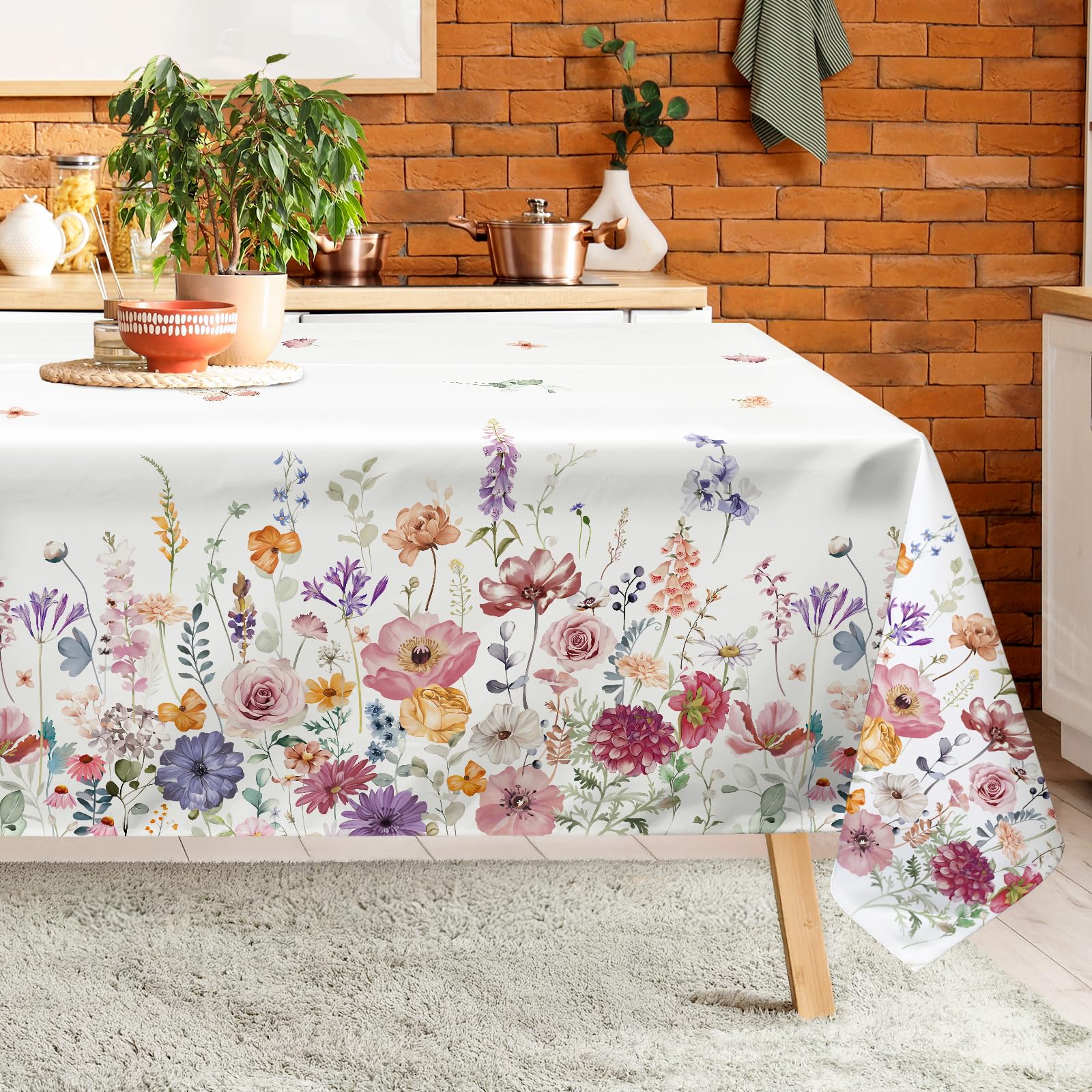 Arquiel Wildblumen Tischdecke Rechteckig Abwaschbar Tischdecken Polyester Wasserabweisend, Frühling Sommer Blumen Tischwäsche Dekoration für Küche Garten Party, 152×213 cm