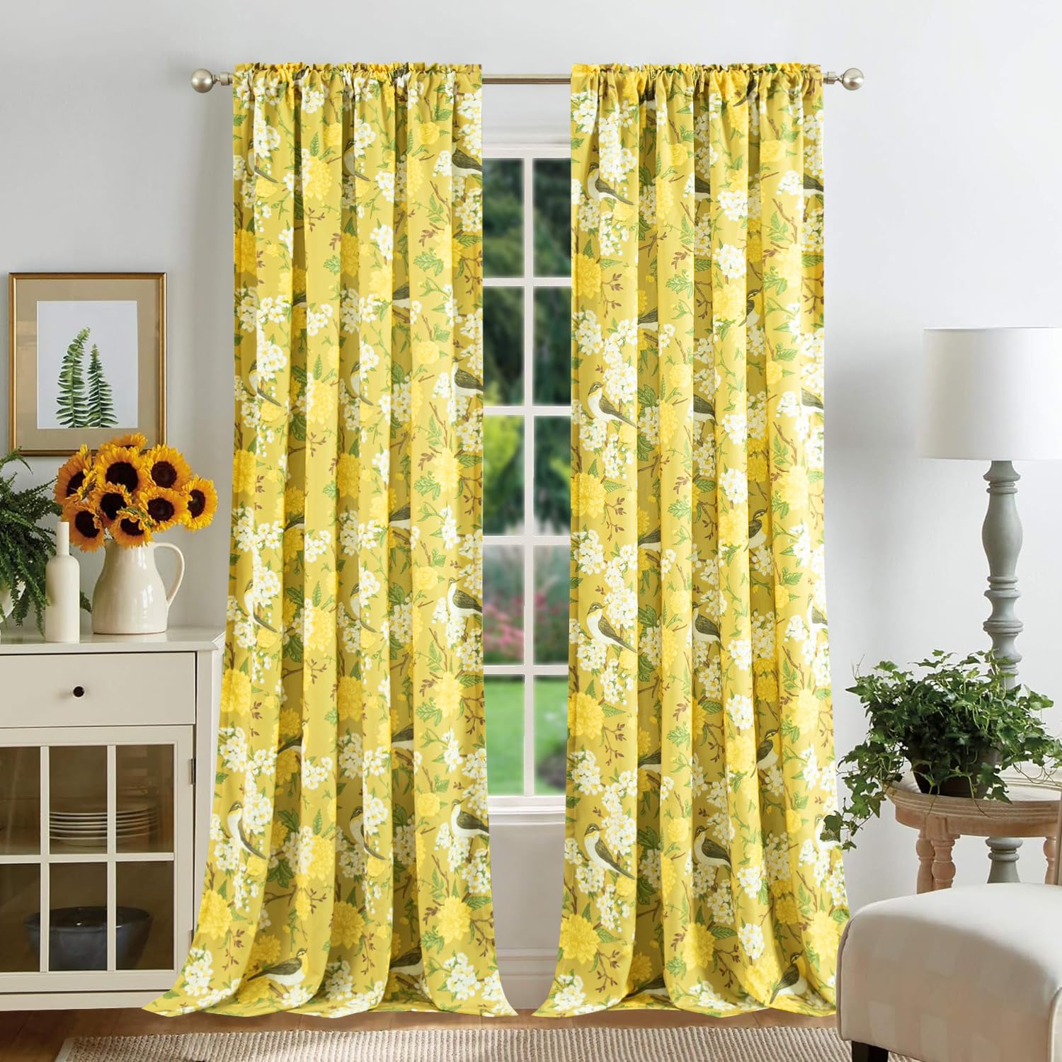 Leeva Faux Linen Curtains 84 Inches Long, French Country Lovely Bird Floeal Pattern Window Curtain Panels, Rod Pocket Drapes for Living Room, 52 x 84