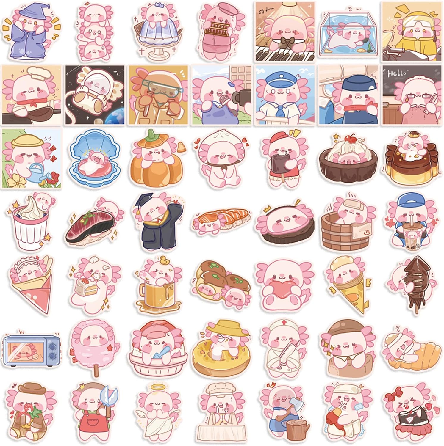 50 Pack Cute Axolotl Stickers - Cynops Vinyl Waterproof, Kids & Classroom Prizes
